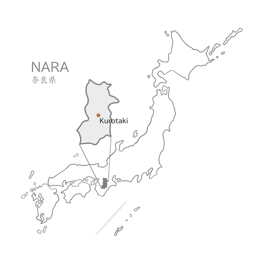 Map of Japan highlighting Nara Prefecture with Kurotaki marked. Tsukushi