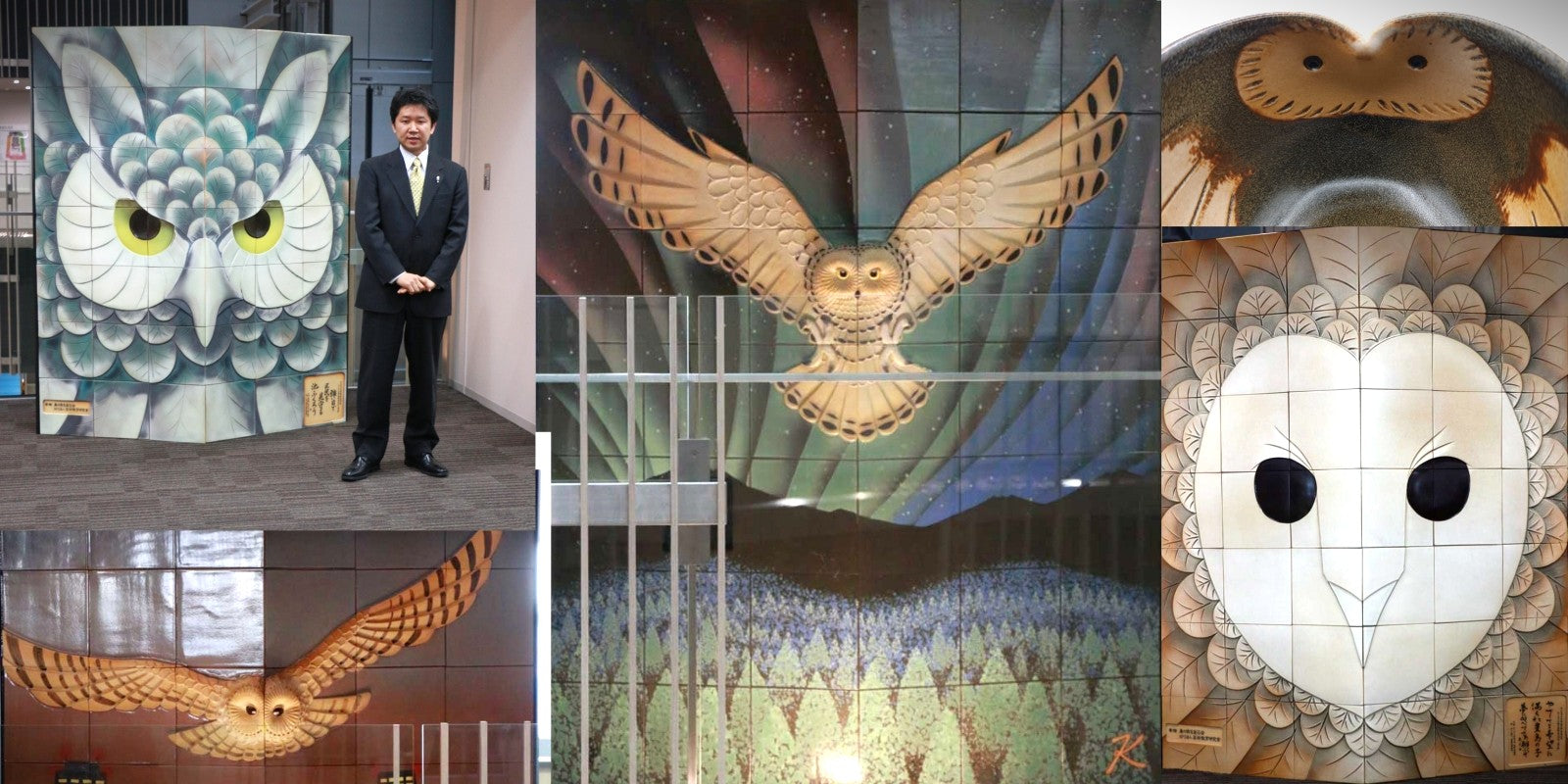 Owl motif pottery installations in Japan. Tsukushi