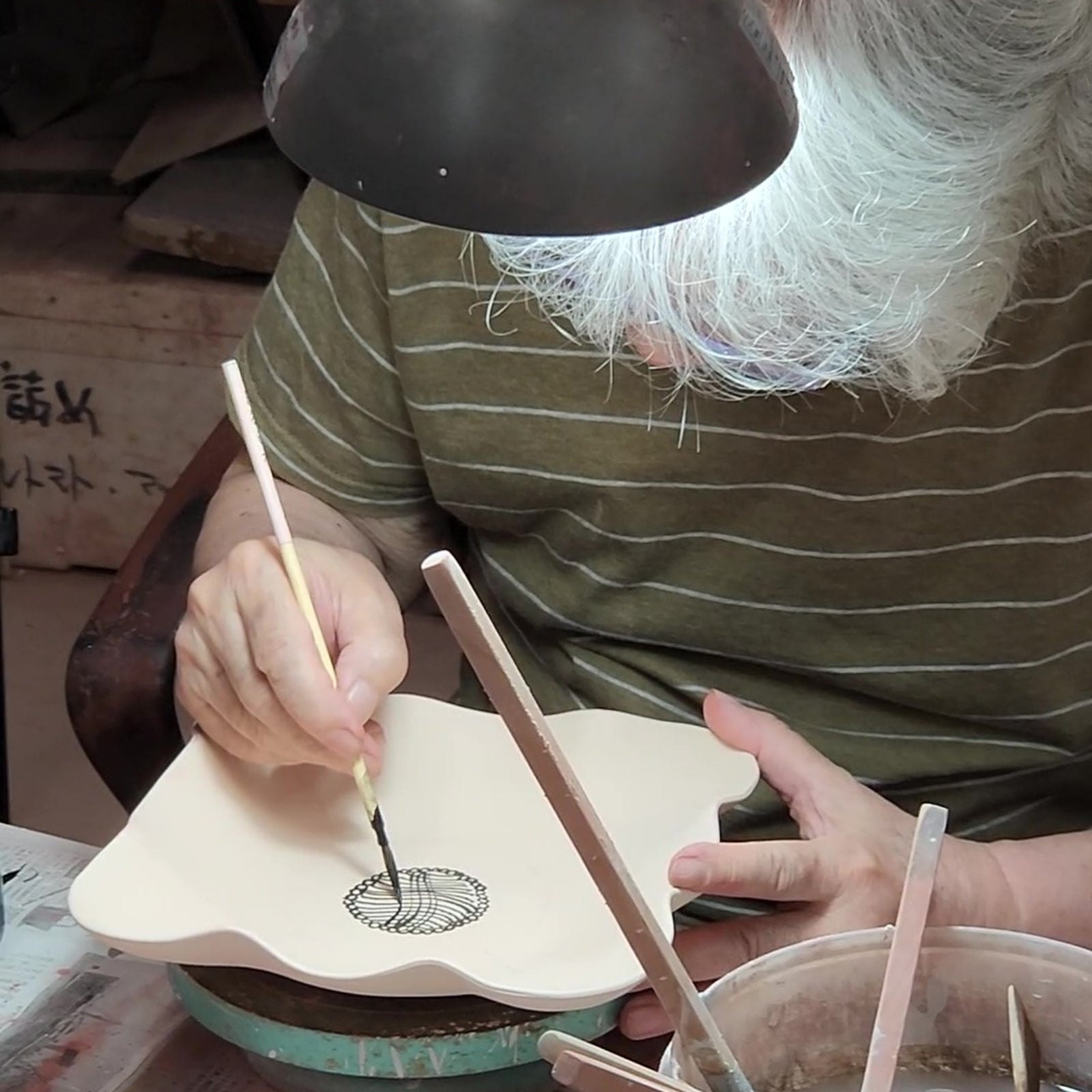 Handpainting of a Japanese pottery plate. Tsukushi