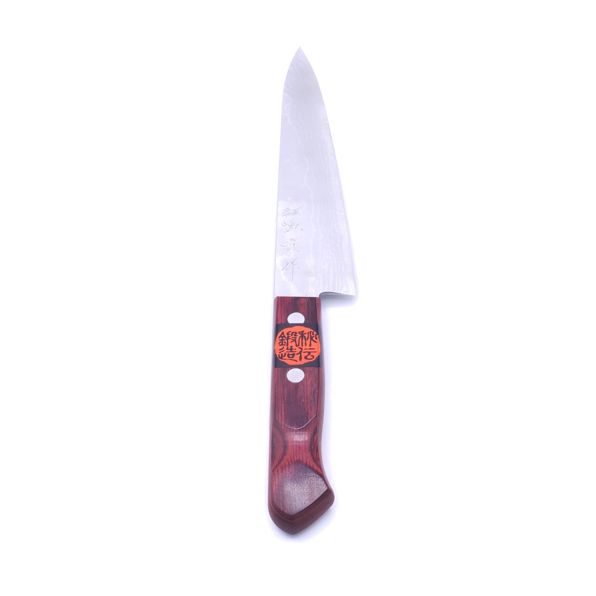 Front view of a Japanese Petty knife crafted in VG10 by Tanaka Shigeki, 150mm.