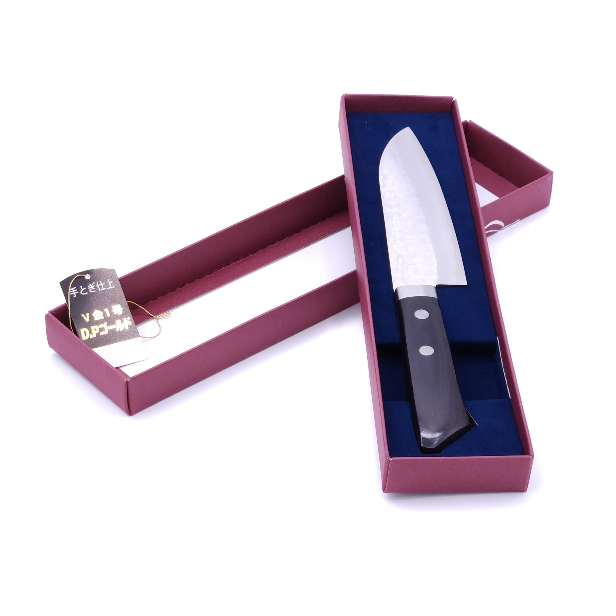 a Japanese Santoku knife with black handle Crafted in VG1 by Minamoto Mitsukane cutlery, 140mm in a box