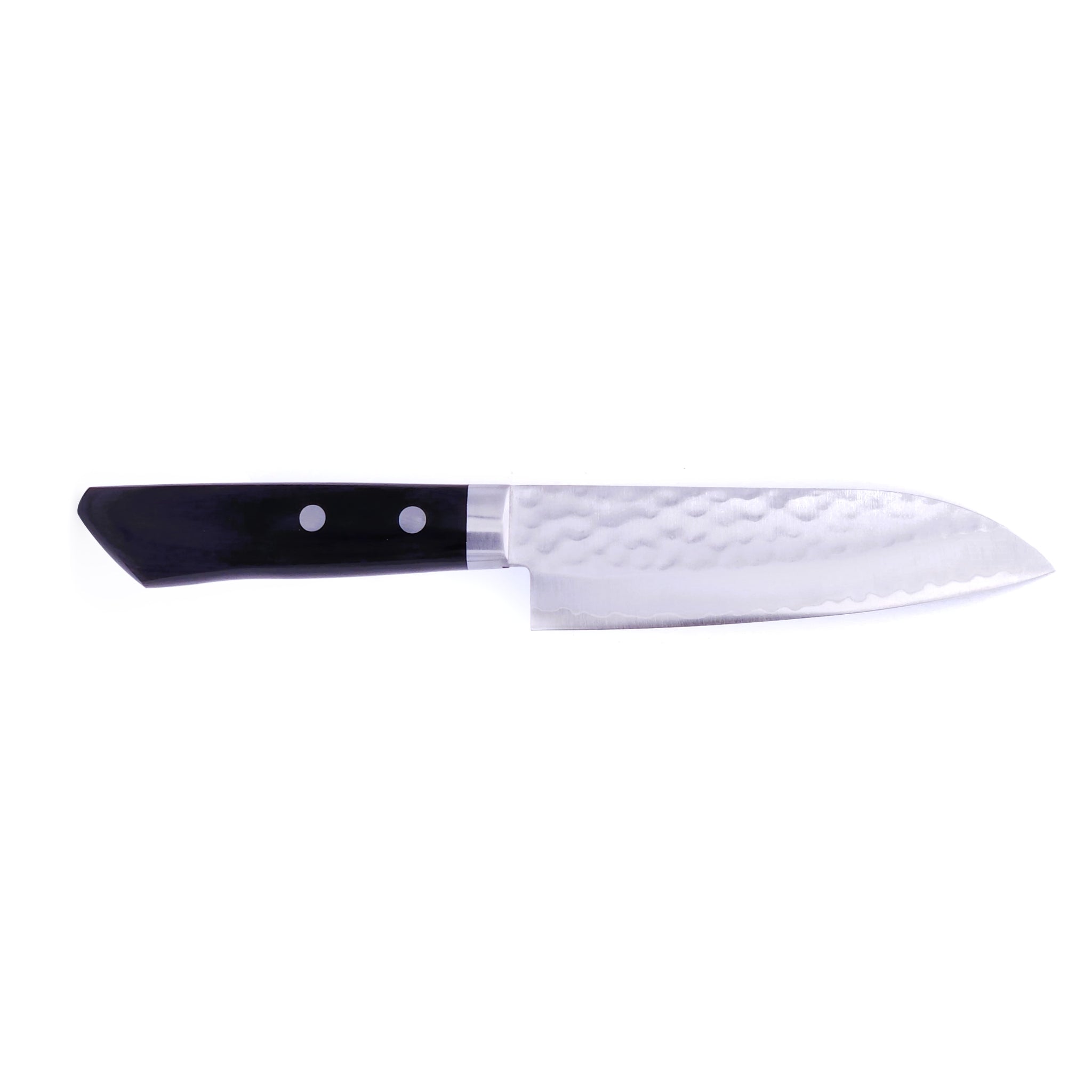 Side view of a Japanese Santoku knife with black handle Crafted in VG1 by Minamoto Mitsukane cutlery, 140mm.