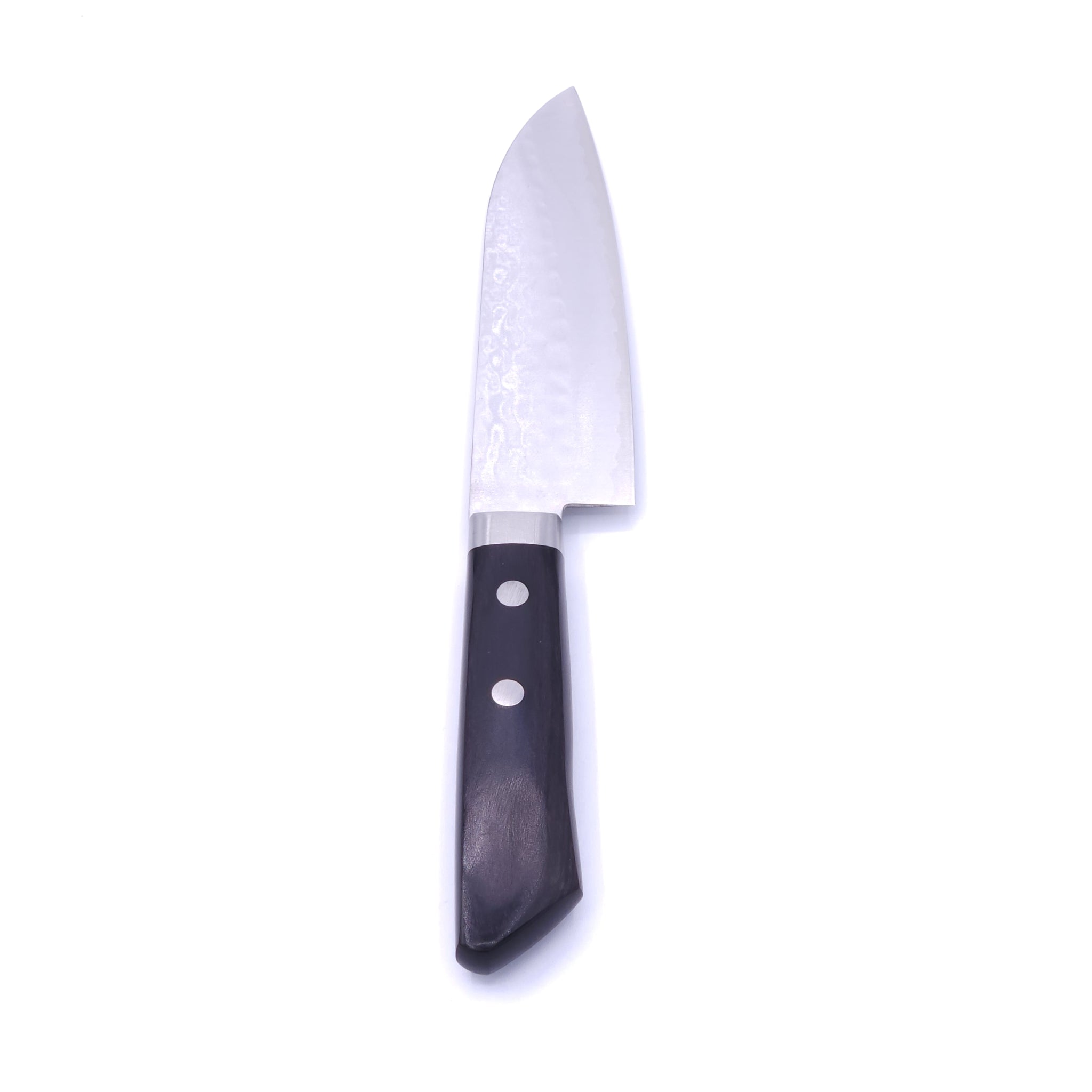 Front view of a Japanese Santoku knife with black handle Crafted in VG1 by Minamoto Mitsukane cutlery, 140mm.