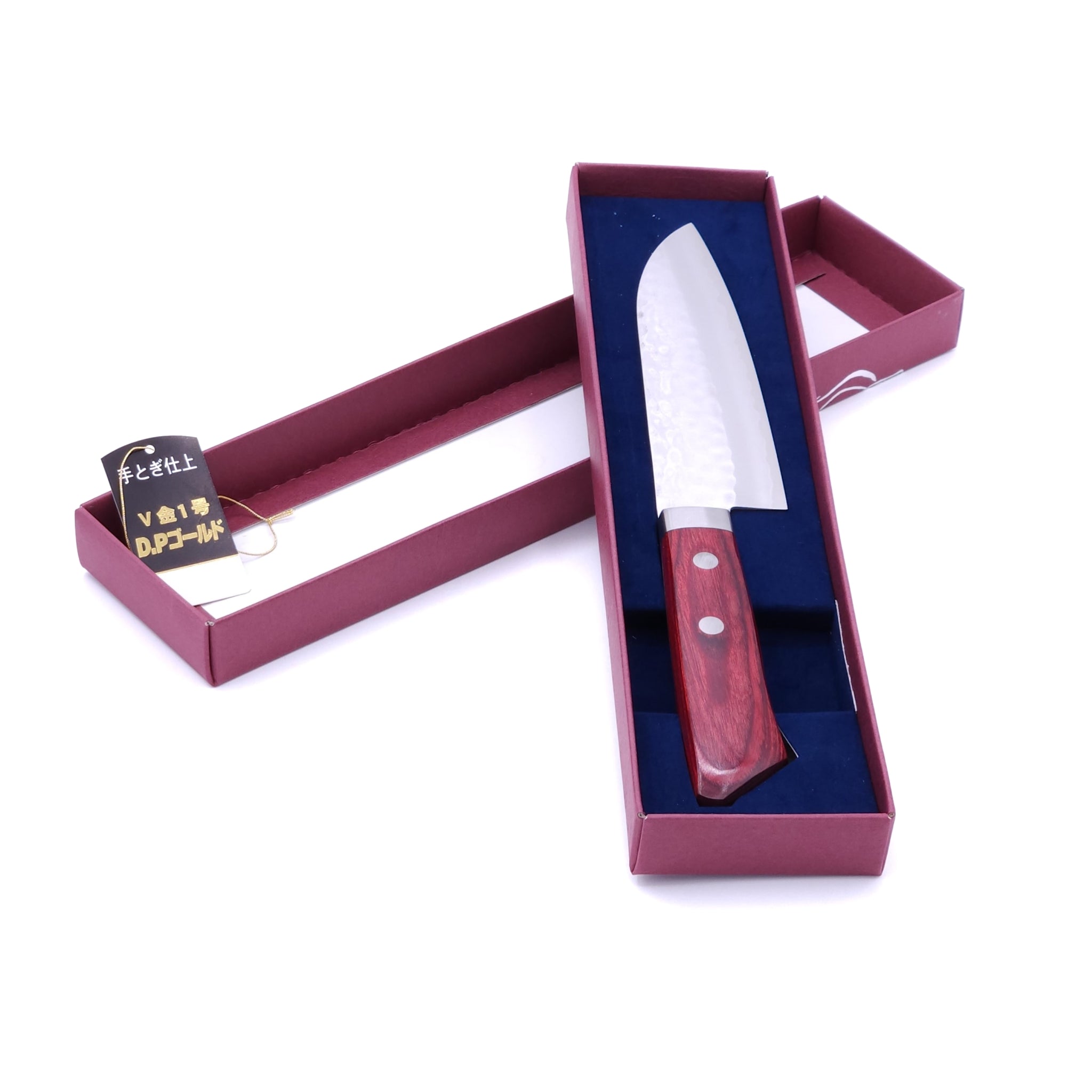 a Japanese Santoku knife with red handle Crafted in VG1 by Minamoto Mitsukane cutlery, 140mm in a box