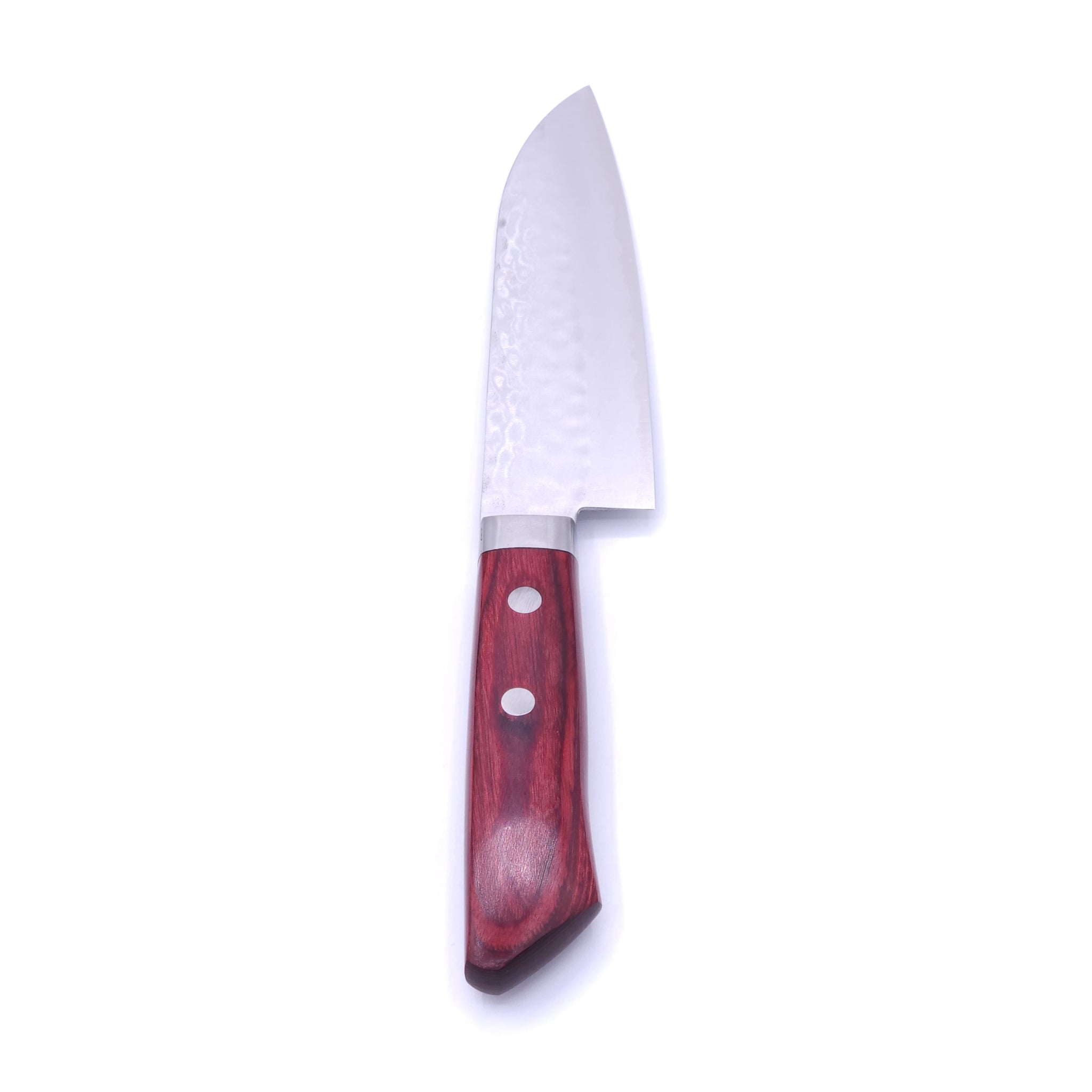 Front view of a Japanese Knife with Red Handle Crafted in VG1 by Minamoto Mitsukane cutlery, 140mm.