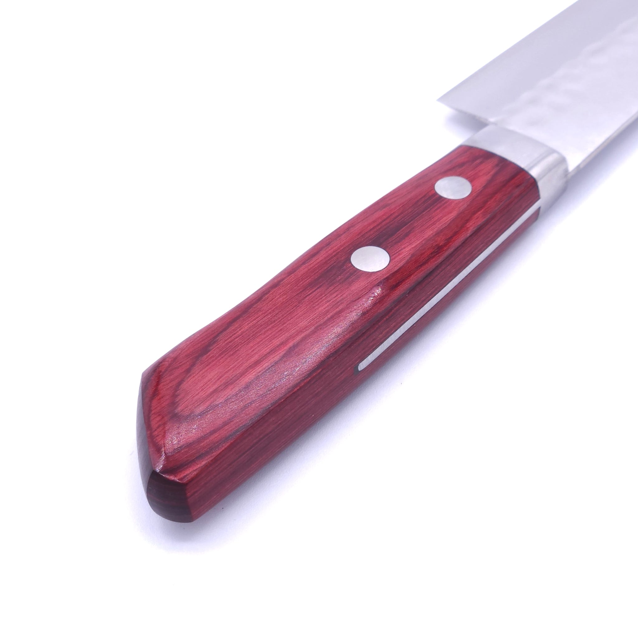 Handle of a Japanese Santoku knife with red handle Crafted in VG1 by Minamoto Mitsukane cutlery, 140mm.