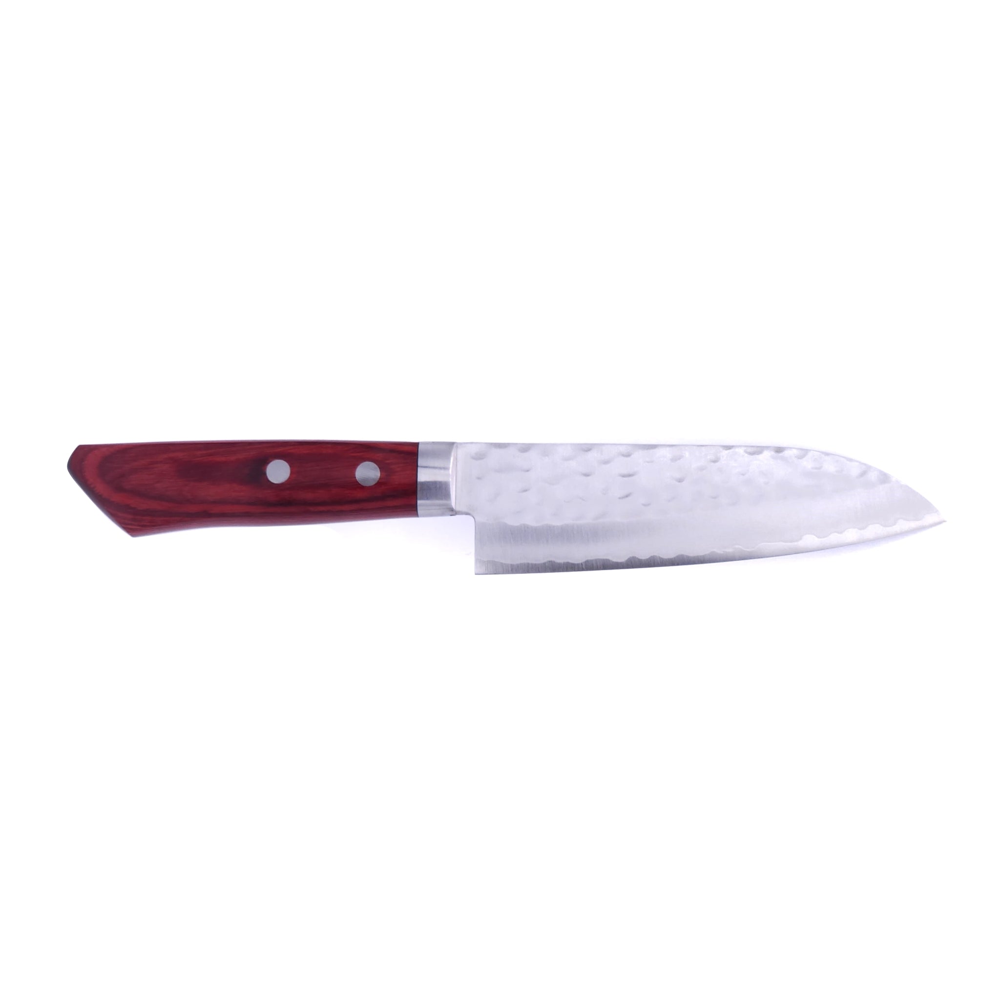 side view of a Japanese Santoku knife with red handle Crafted in VG1 by Minamoto Mitsukane cutlery, 140mm.