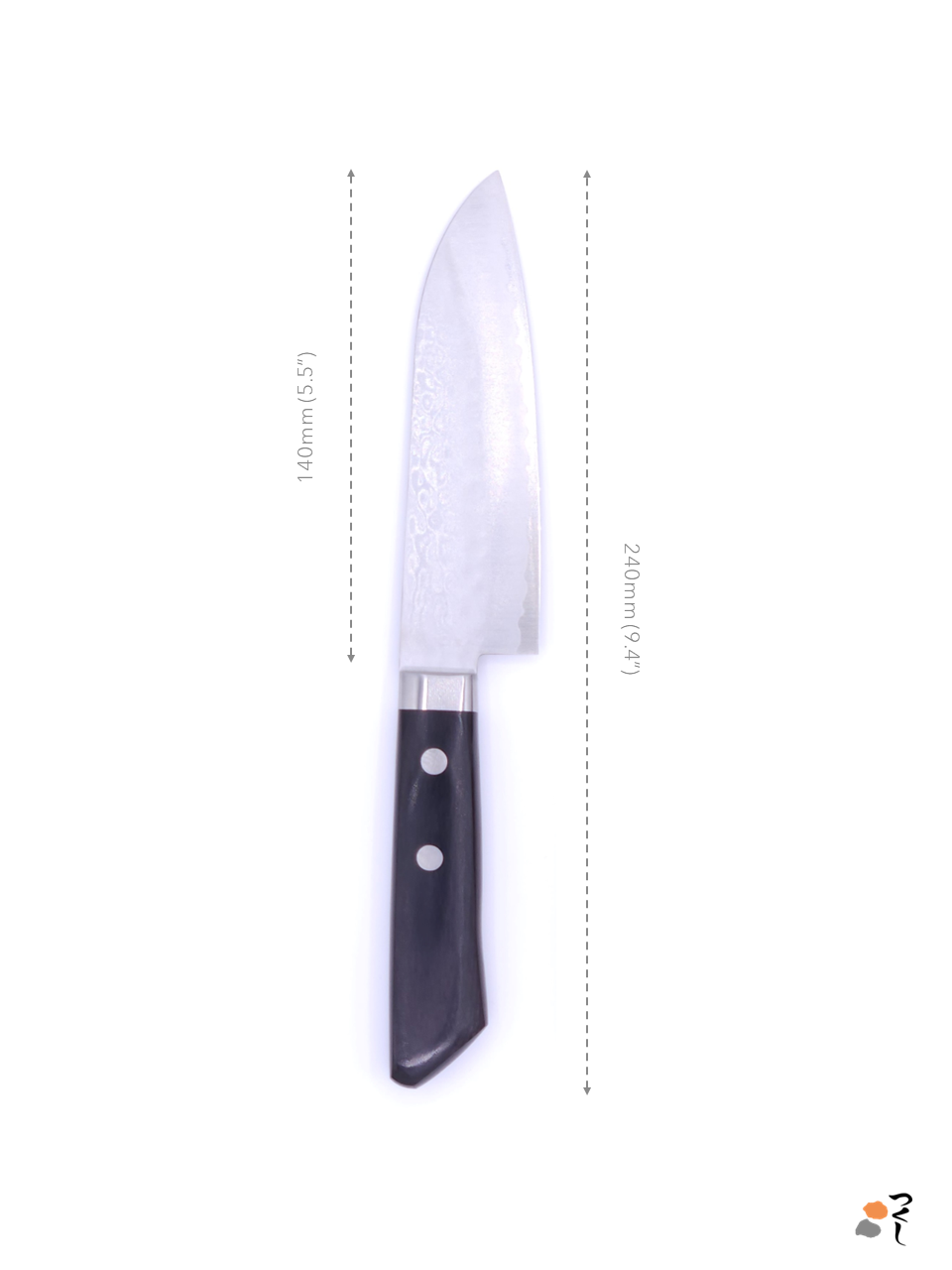 Japanese Santoku Knife from Masutani Cutlery made with VG 1 steel with black handle. Measures