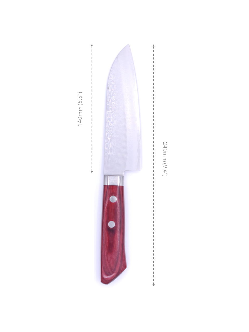 Japanese Santoku Knife from Masutani Cutlery made with VG 1 steel with red handle. Measures