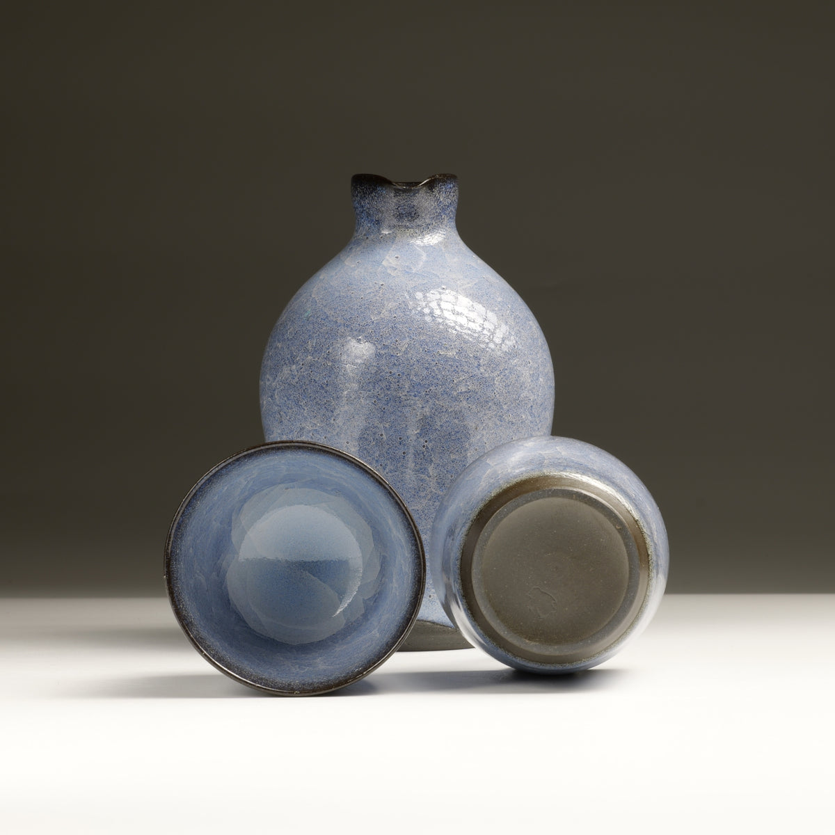 Seigen tokkuri and ochoko in an artistic composition showing the handmade ceramic bases, rim and silhouette