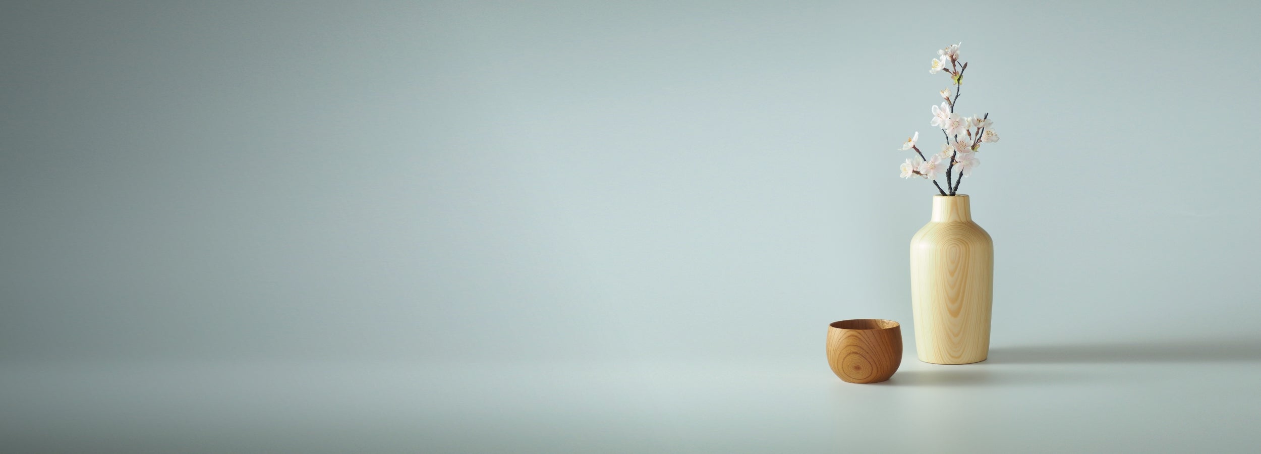 Japanese handcrafted Wooden teacup, and Vase with Sakura, Tsukushi