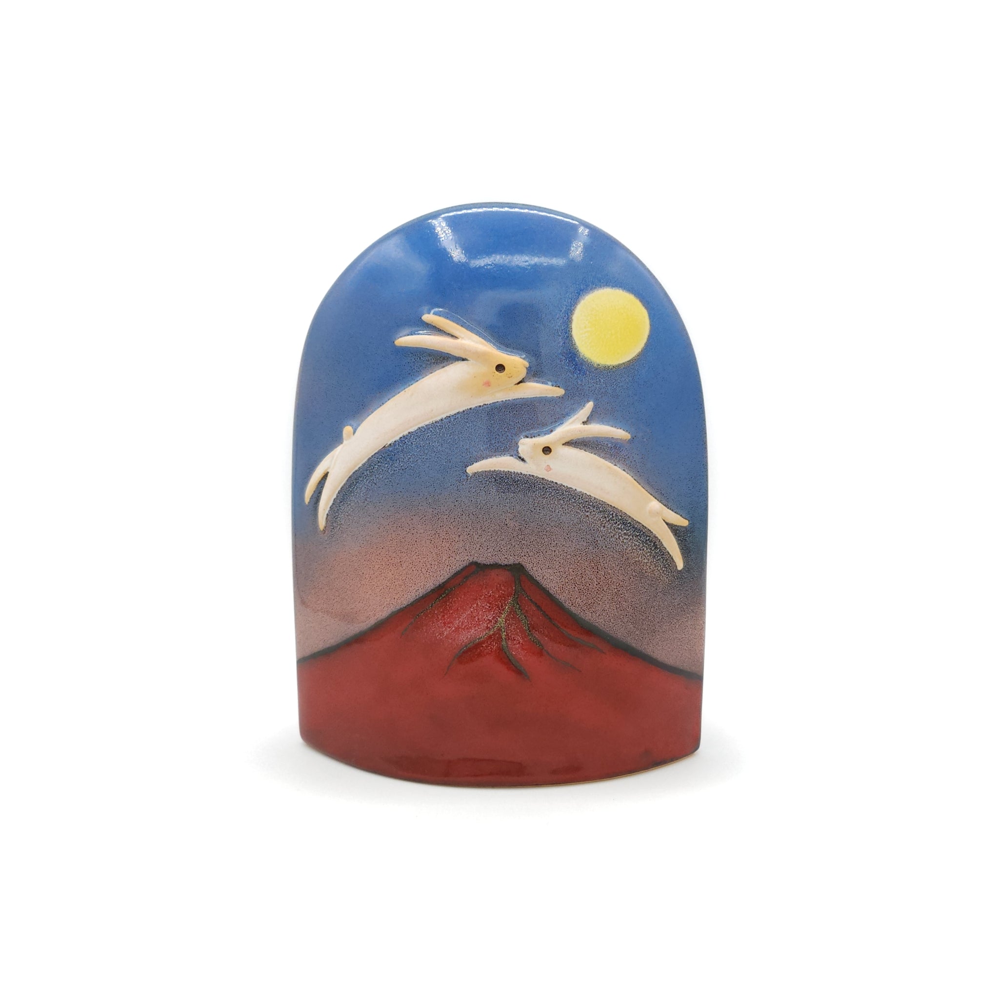 Front view of a Japanese pottery ornament with Red Mt.Fuji, Dancing rabbits and Full Moon. Tsukushi