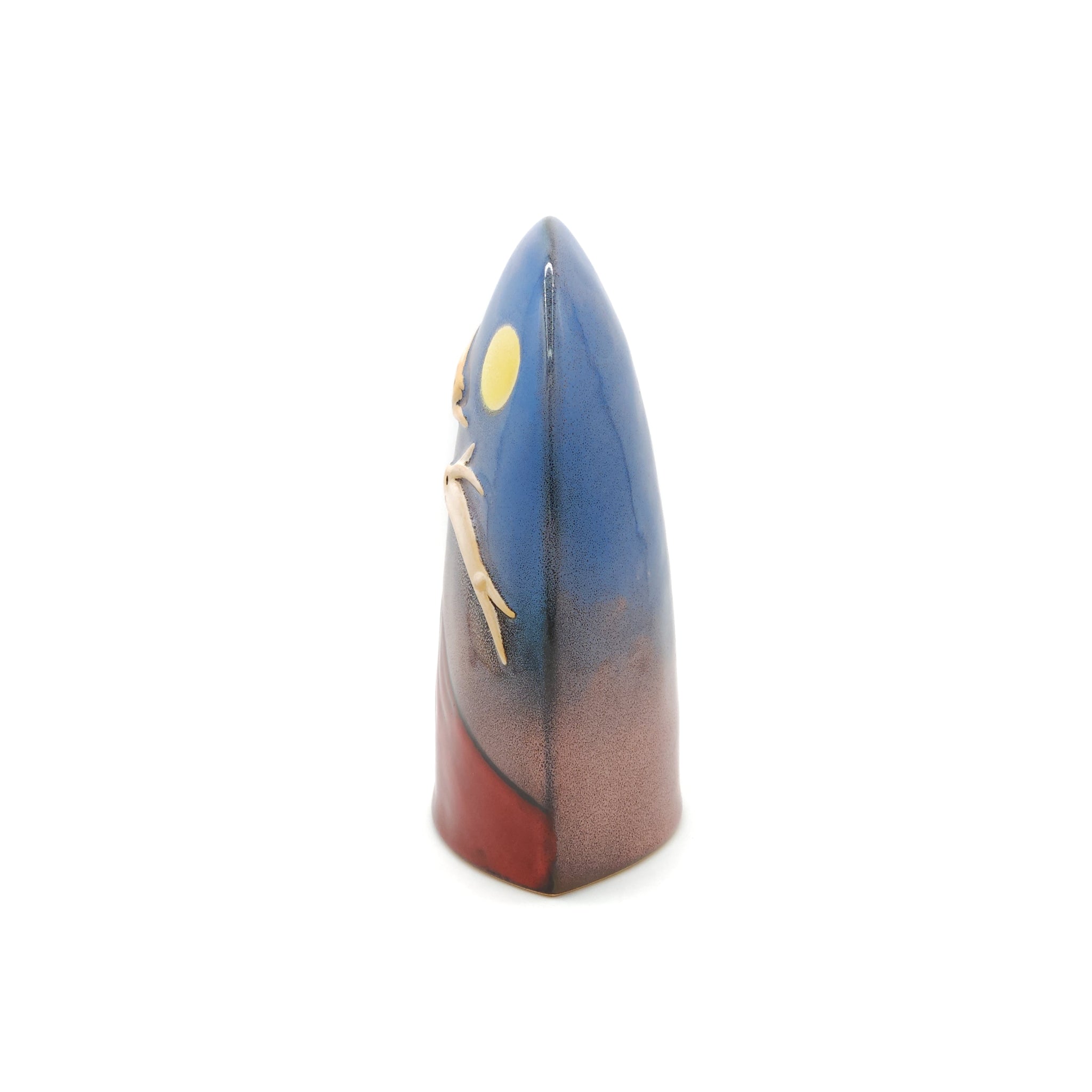 Right side view of a Japanese pottery ornament with Red Mt.Fuji, Dancing rabbits and Full Moon. Tsukushi