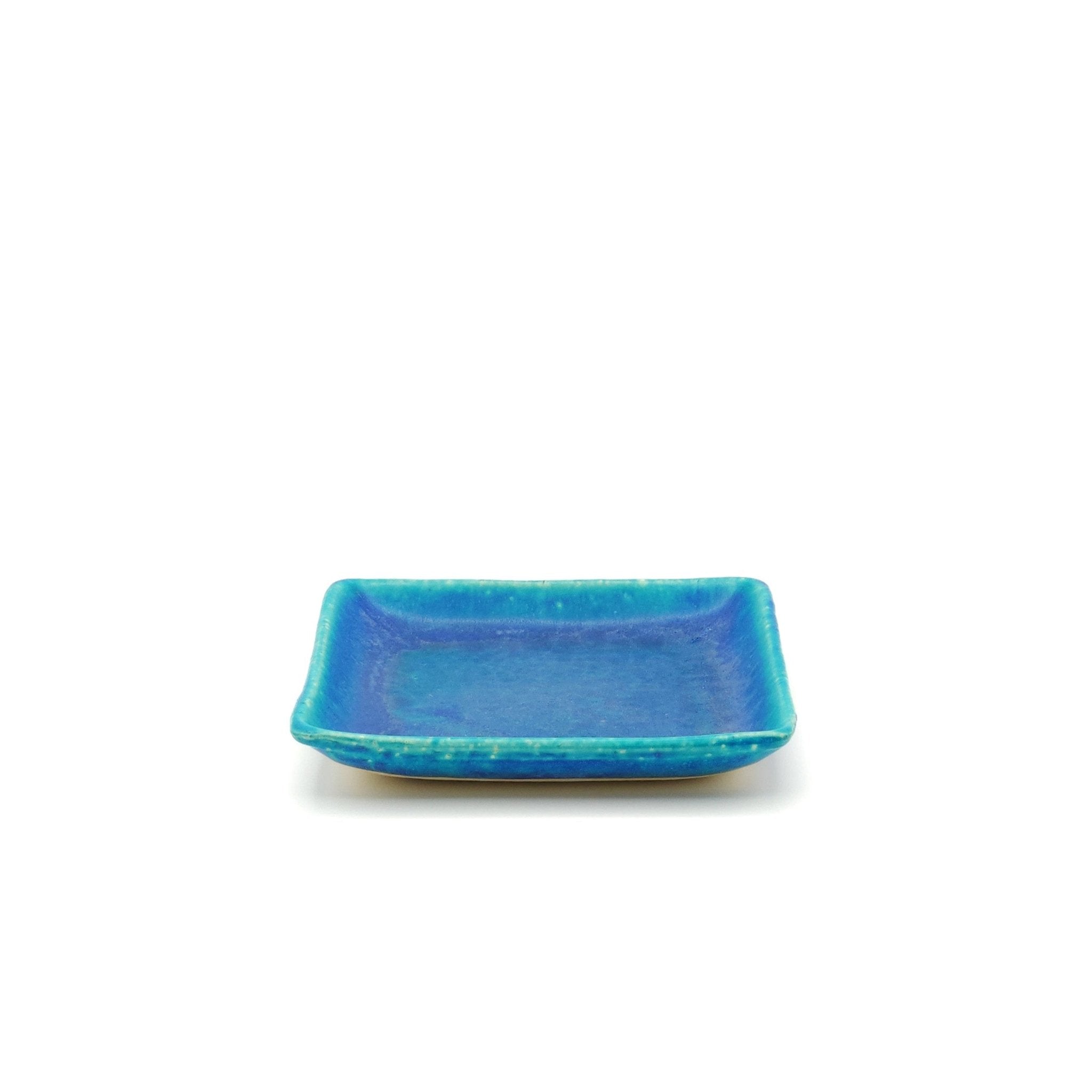 Top front view of Turquoise_Japanese_pottery plate 13cm (5.1")