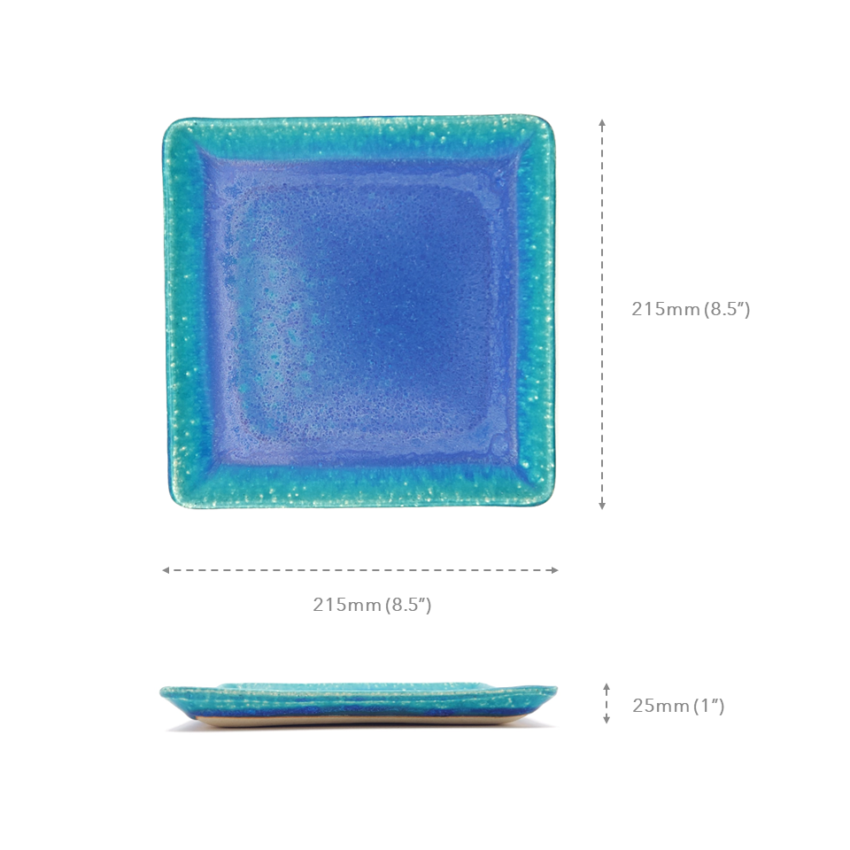 Measures of a turquoise Japanese pottery plate measuring 21.5cm (8.5")