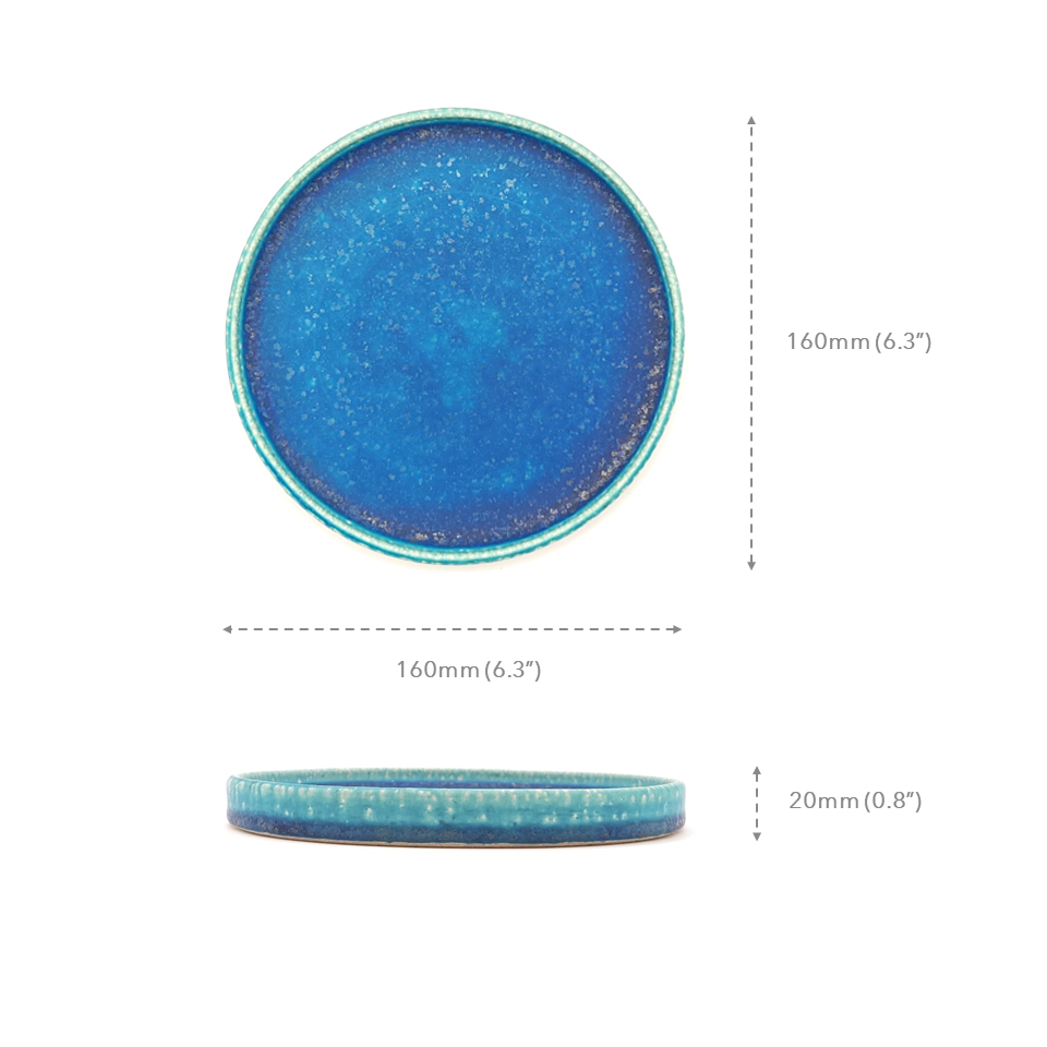 measures details  of a turquoise Japanese pottery round Plate 16cm (9.4")