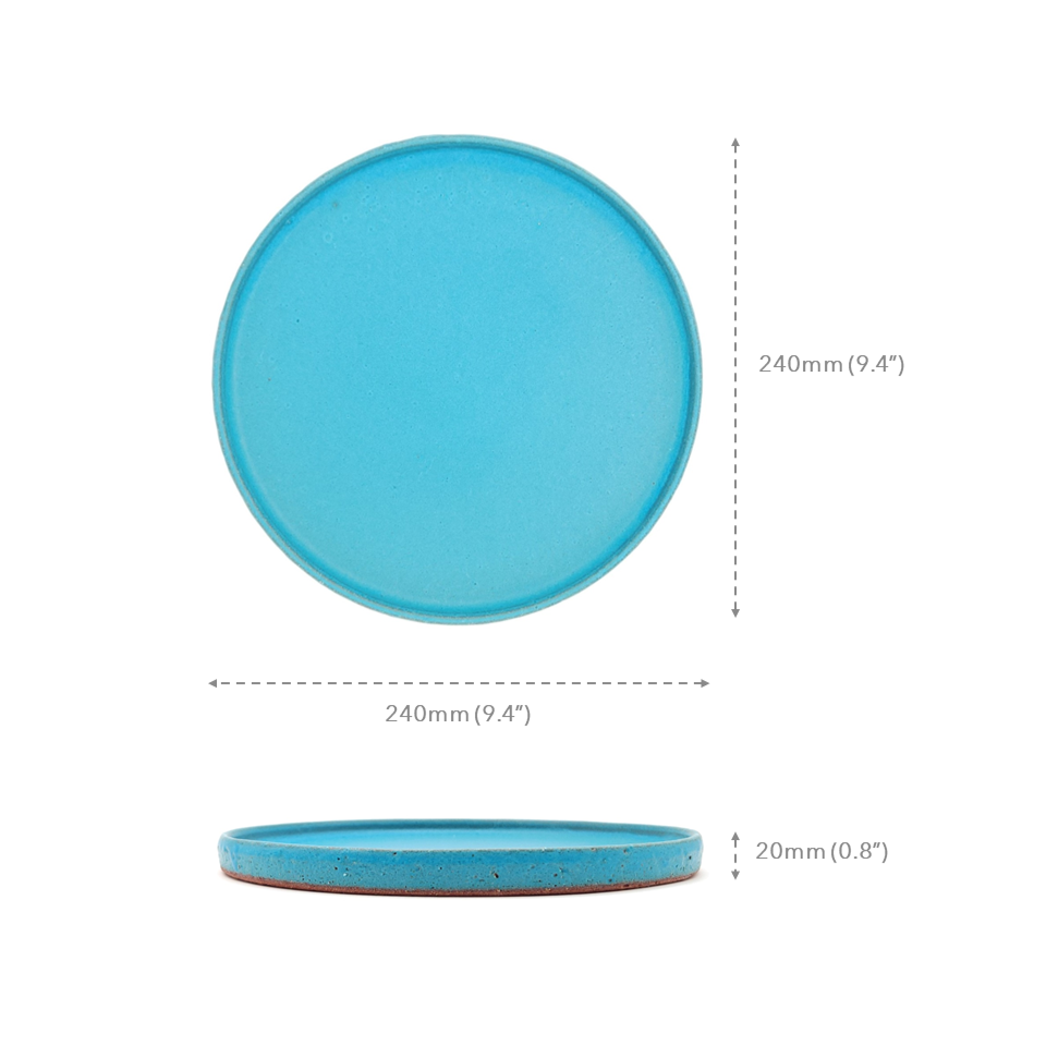 A turquoise Japanese pottery round Plate 24cm (9.4") with measures.