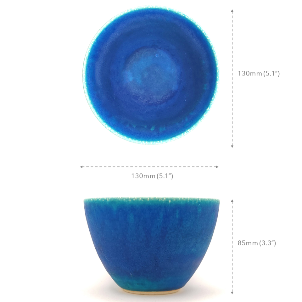 Measures details of a turquoise Japanese pottery salad bowl