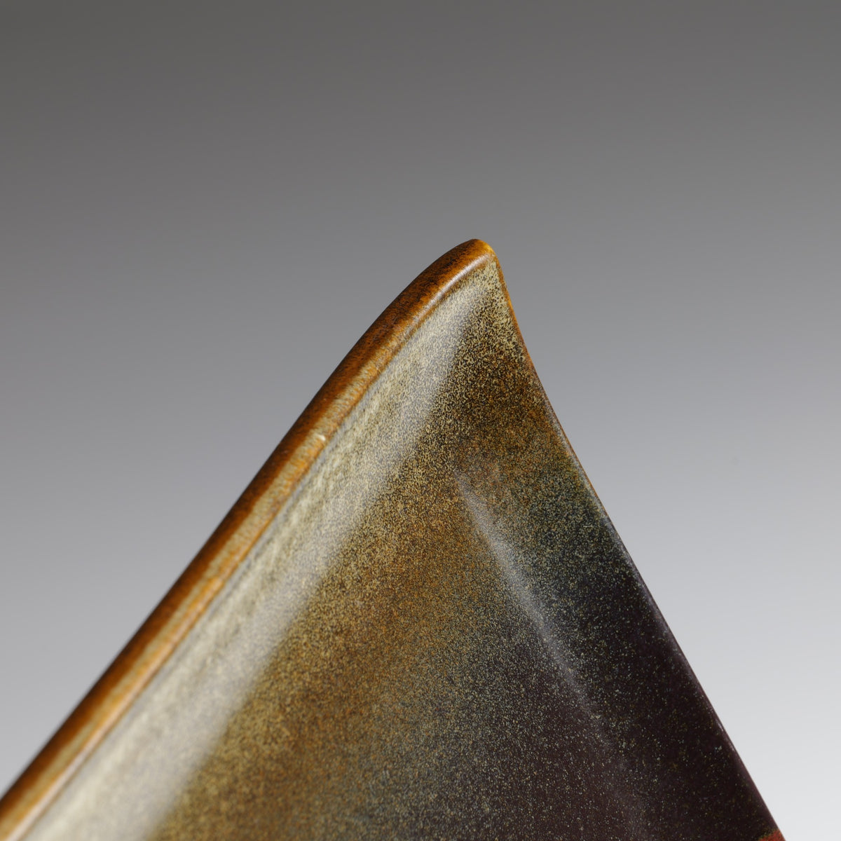Close-up of the Akafuji plate's raised corner, showing the gently curved ceramic edge, earthy brown rim, and subtle glaze variations.
