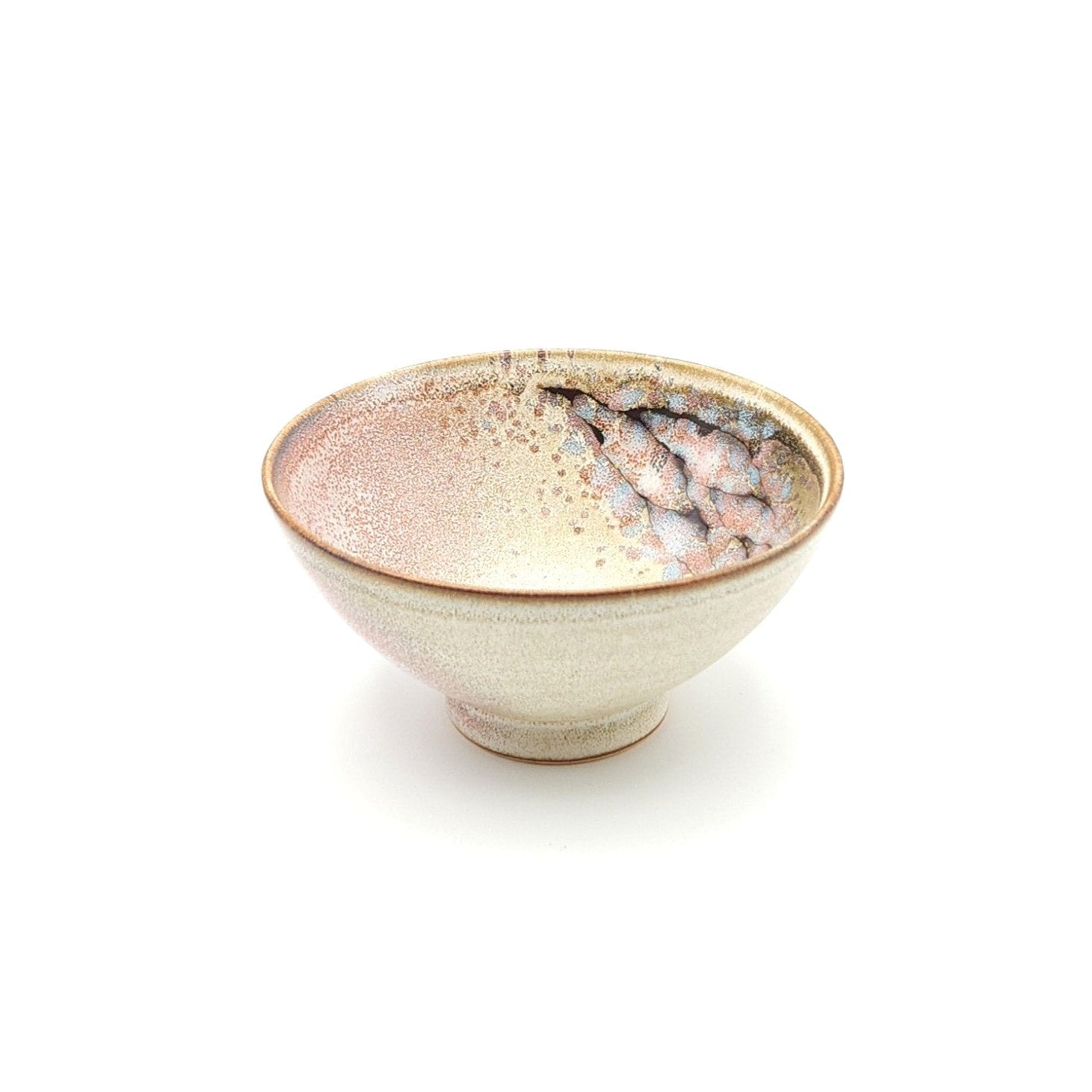 Authentic Japanese pottery bowl with cherry blossoms decoration. Pink and beige color. (side view 4).