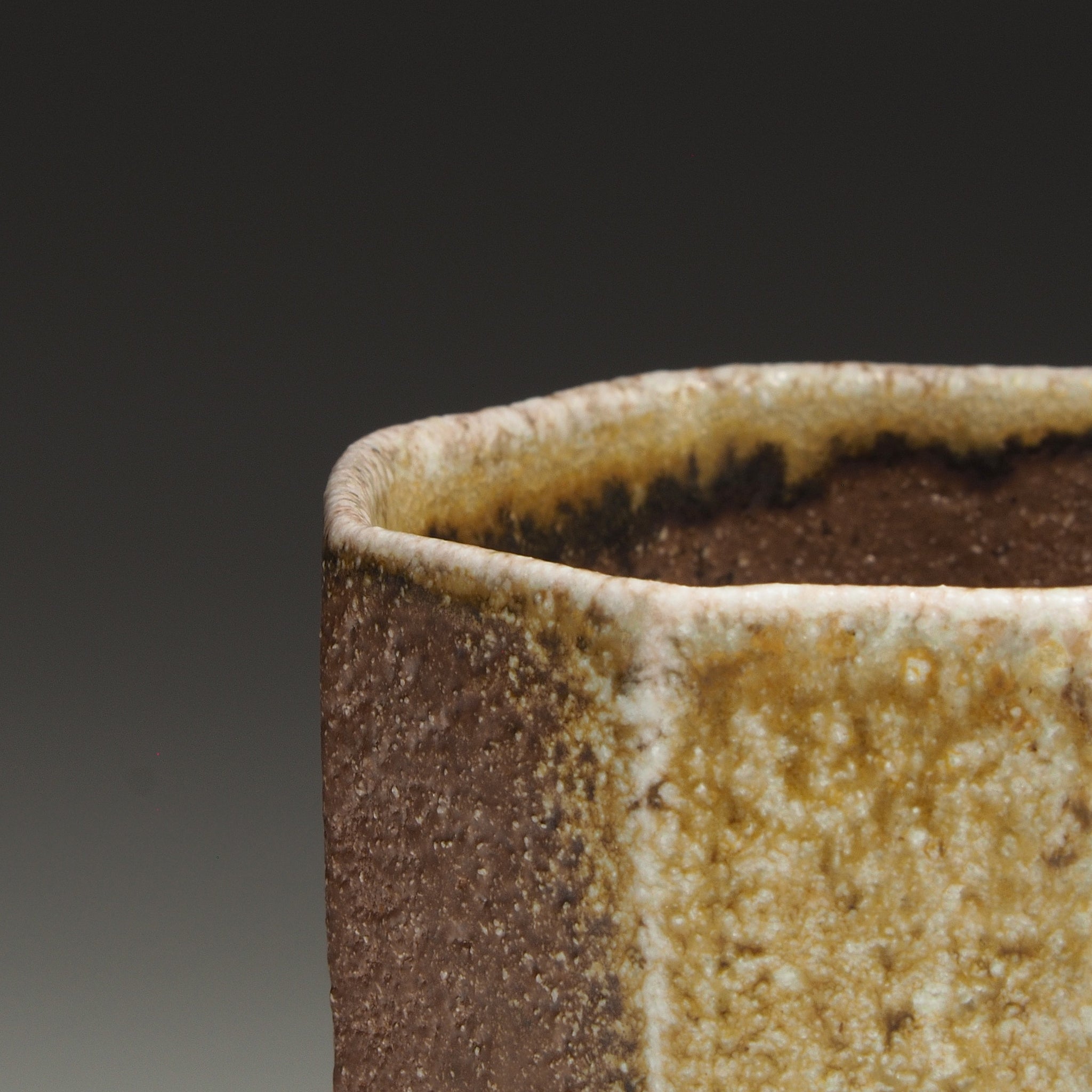 Close-up of a Hachiryō Shigaraki cup showing its irregular rim, dark interior, and textured beige-brown surface.