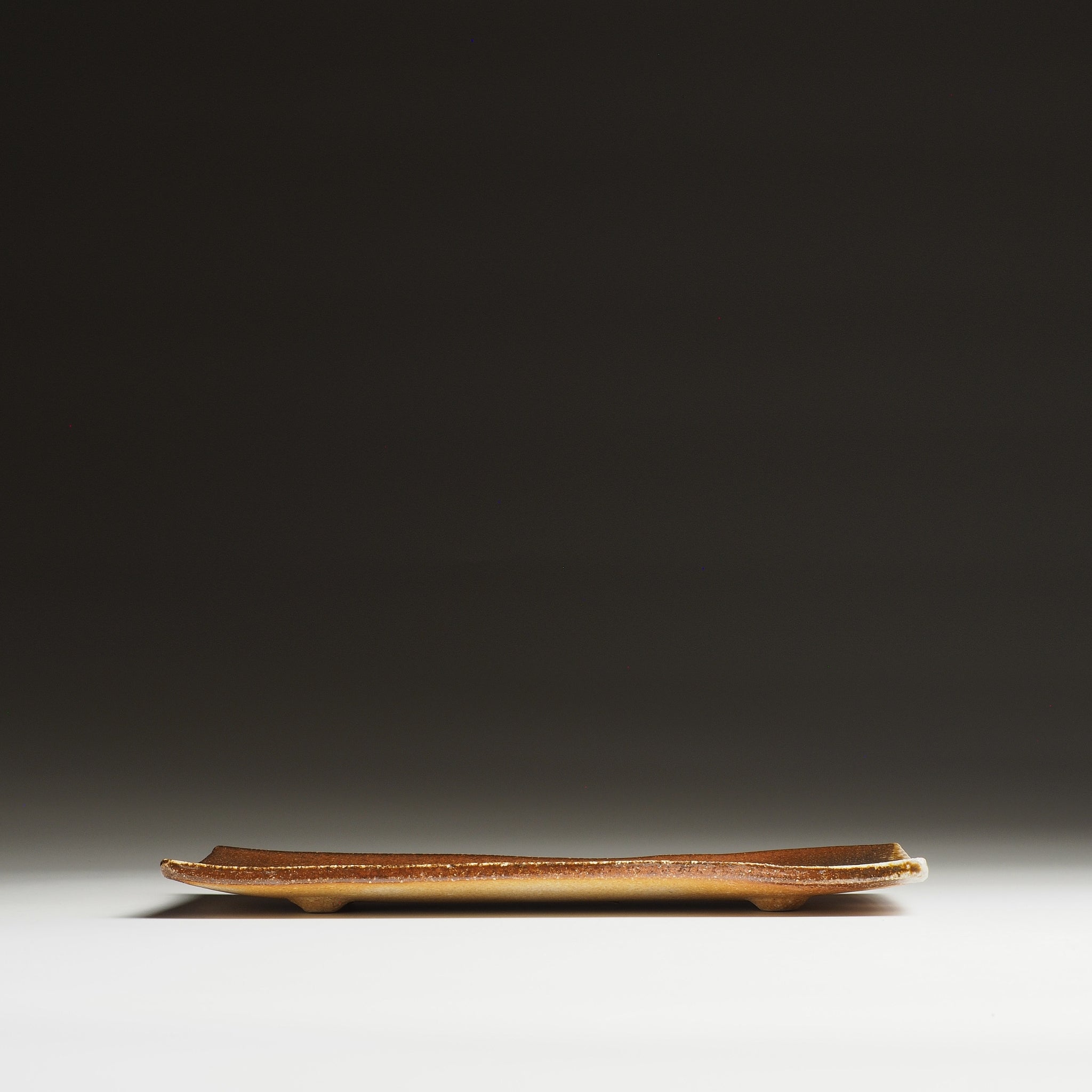 Side view of the Nagafune Shigaraki rectangular serving plate showing its slim profile and slight upward curve.
