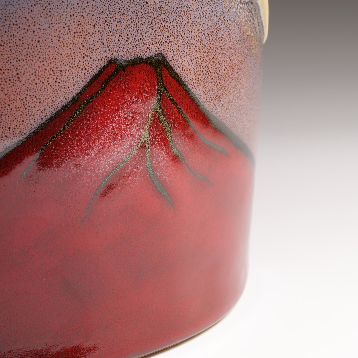 Close-up of red Mount Fuji on the Tsukimi ceramic ornament by Kazuhiro Kojima.