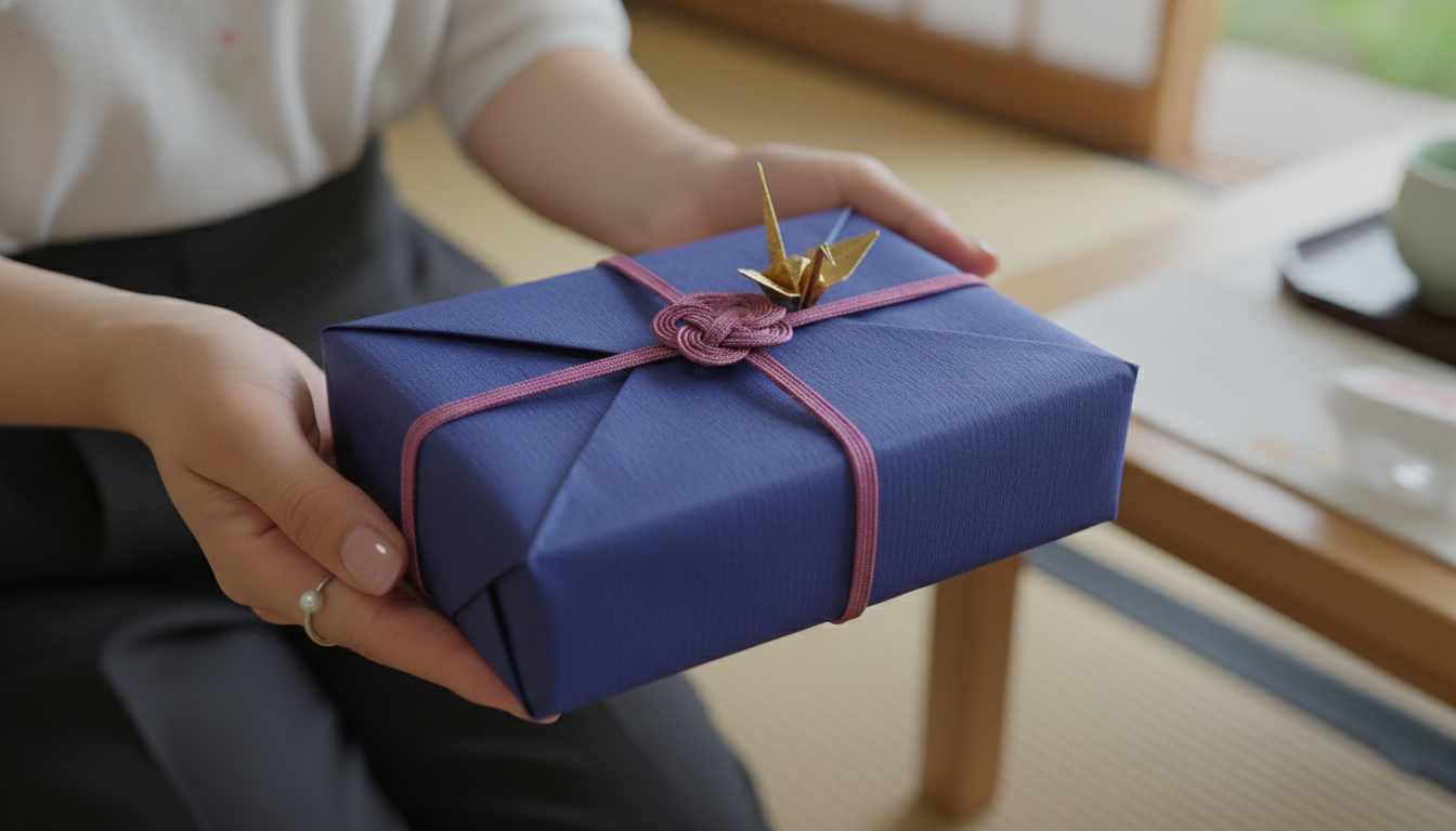 Close-up of woman hands handing a Japanese gift.