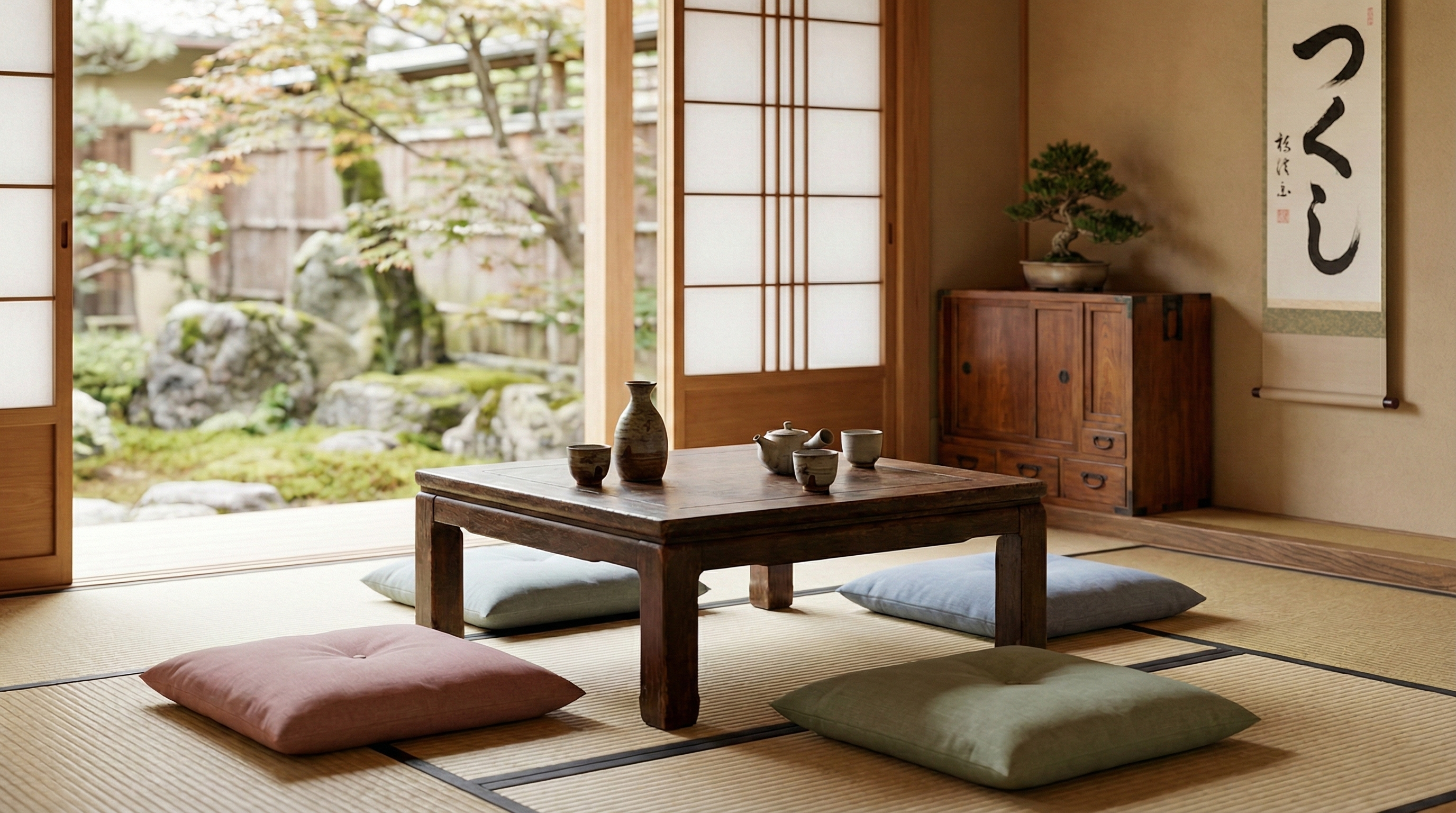 Minimalist Japanese room with tatami and traditional pottery | Tsukushi