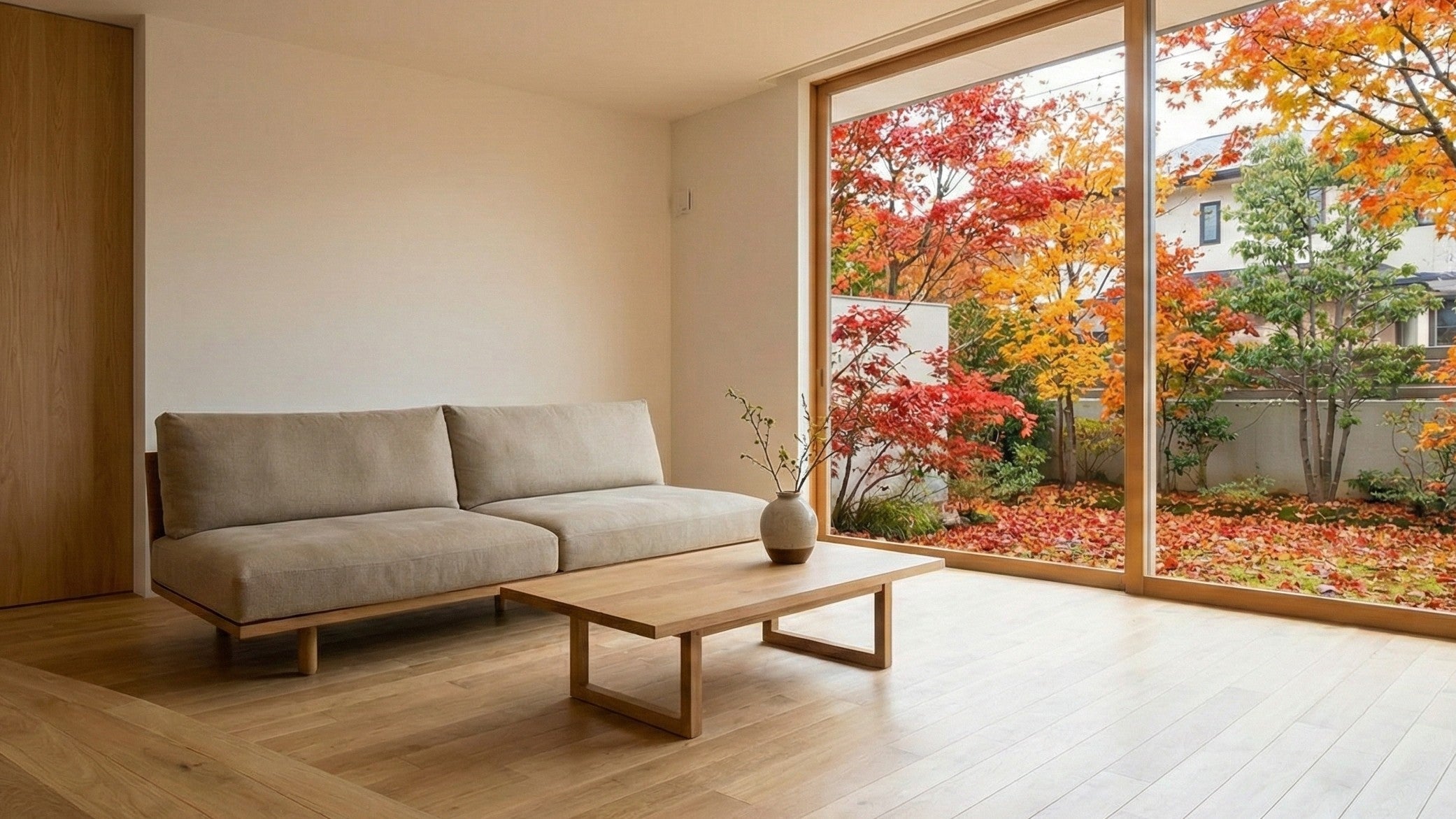 Minimalist Japanese interior with wooden door and momiji autumn leaves outside the window.