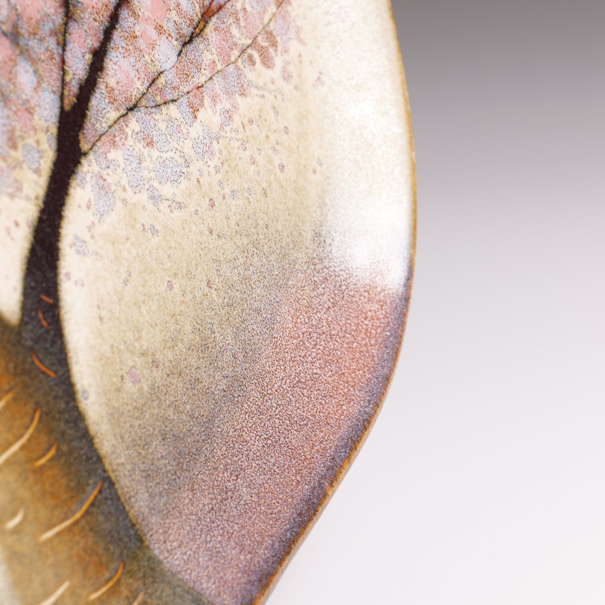 Detail of the rim of the Hanami Japanese ceramic plate with cherry tree and pink shades.