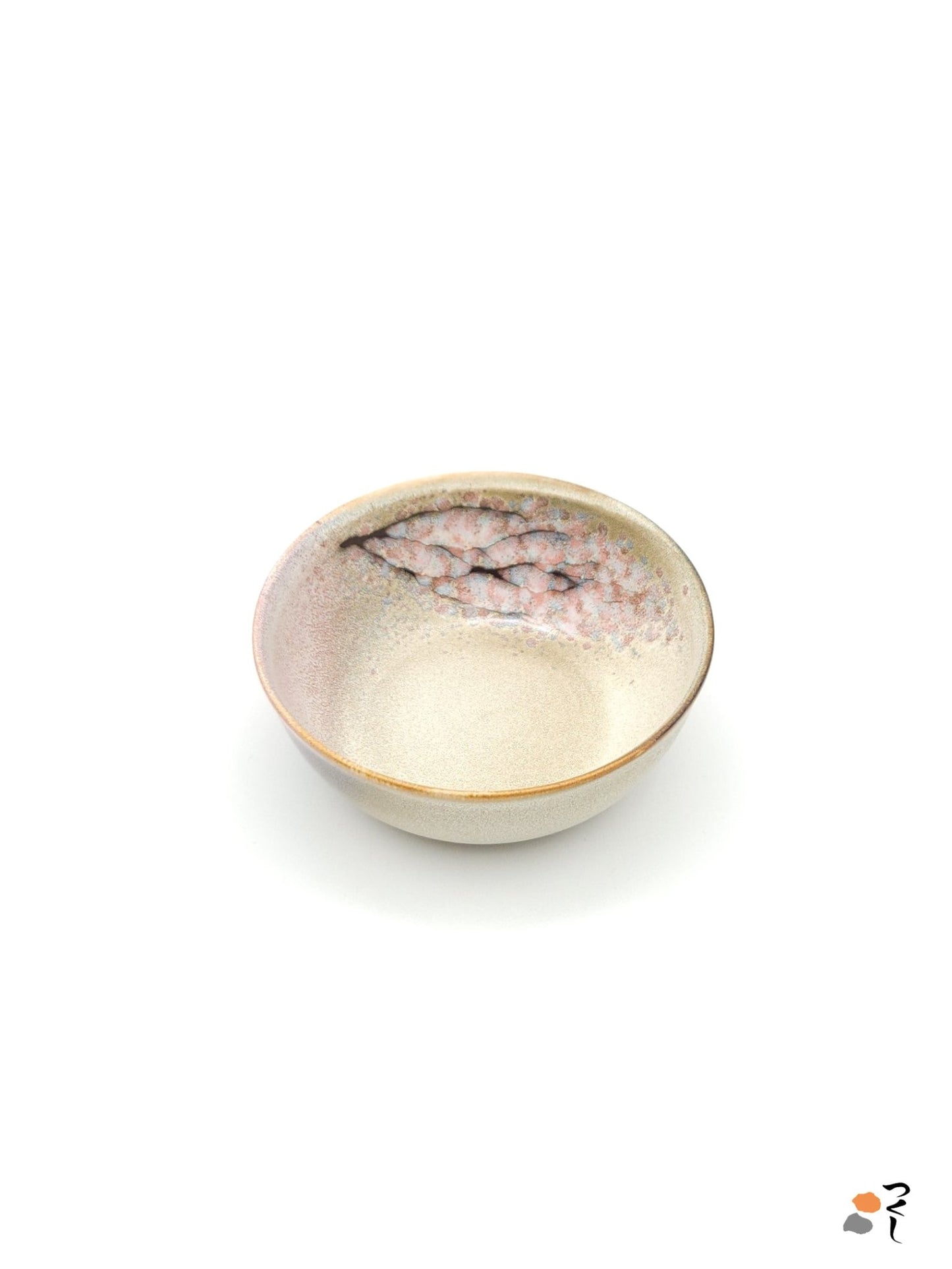 Authentic Japanese pottery salad bowl with cherry blossoms decoration. Pink and beige color. (side view 1).