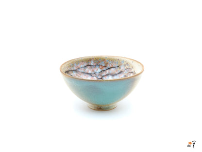 Authentic Japanese pottery bowl with cherry blossoms decoration. Green and beige color large. (side view 10)
