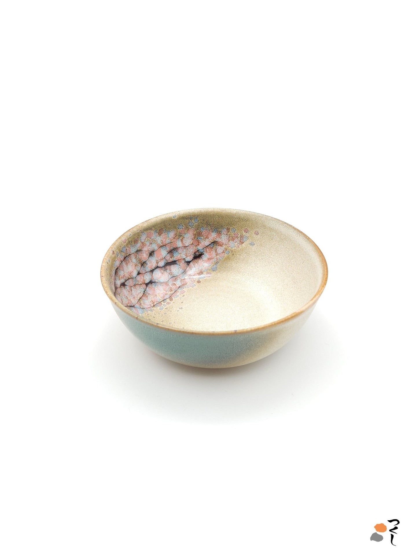 Authentic Japanese pottery salad bowl with cherry blossoms decoration. green and beige color. (side view 1).