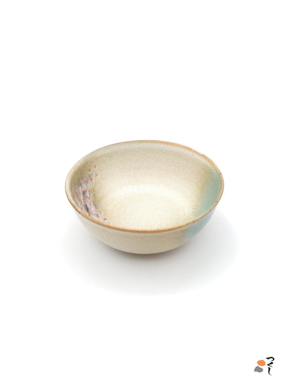 Authentic Japanese pottery salad bowl with cherry blossoms decoration. green and beige color. (side view 3).