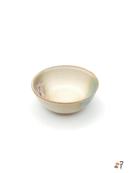 Authentic Japanese pottery salad bowl with cherry blossoms decoration. green and beige color. (side view 5).