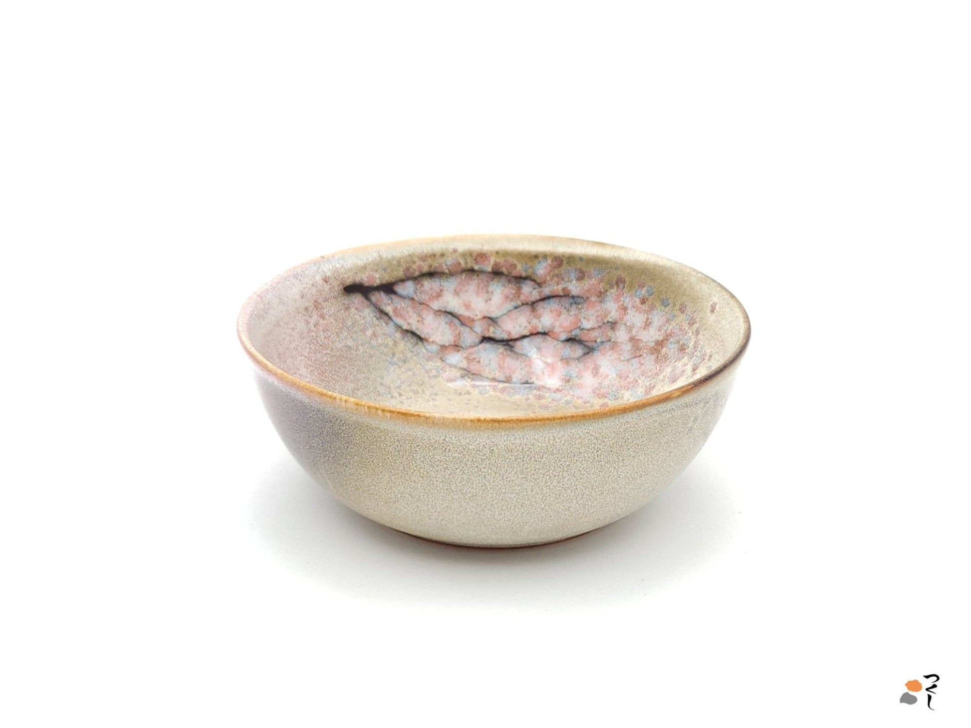 Authentic Japanese pottery salad bowl with cherry blossoms decoration. green and beige color. (side view 6).