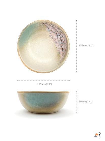 Authentic Japanese pottery green and beige color salad bowl with cherry blossoms decoration. The image indicates the size of the salad bowl (155mm wide and 60mm high).