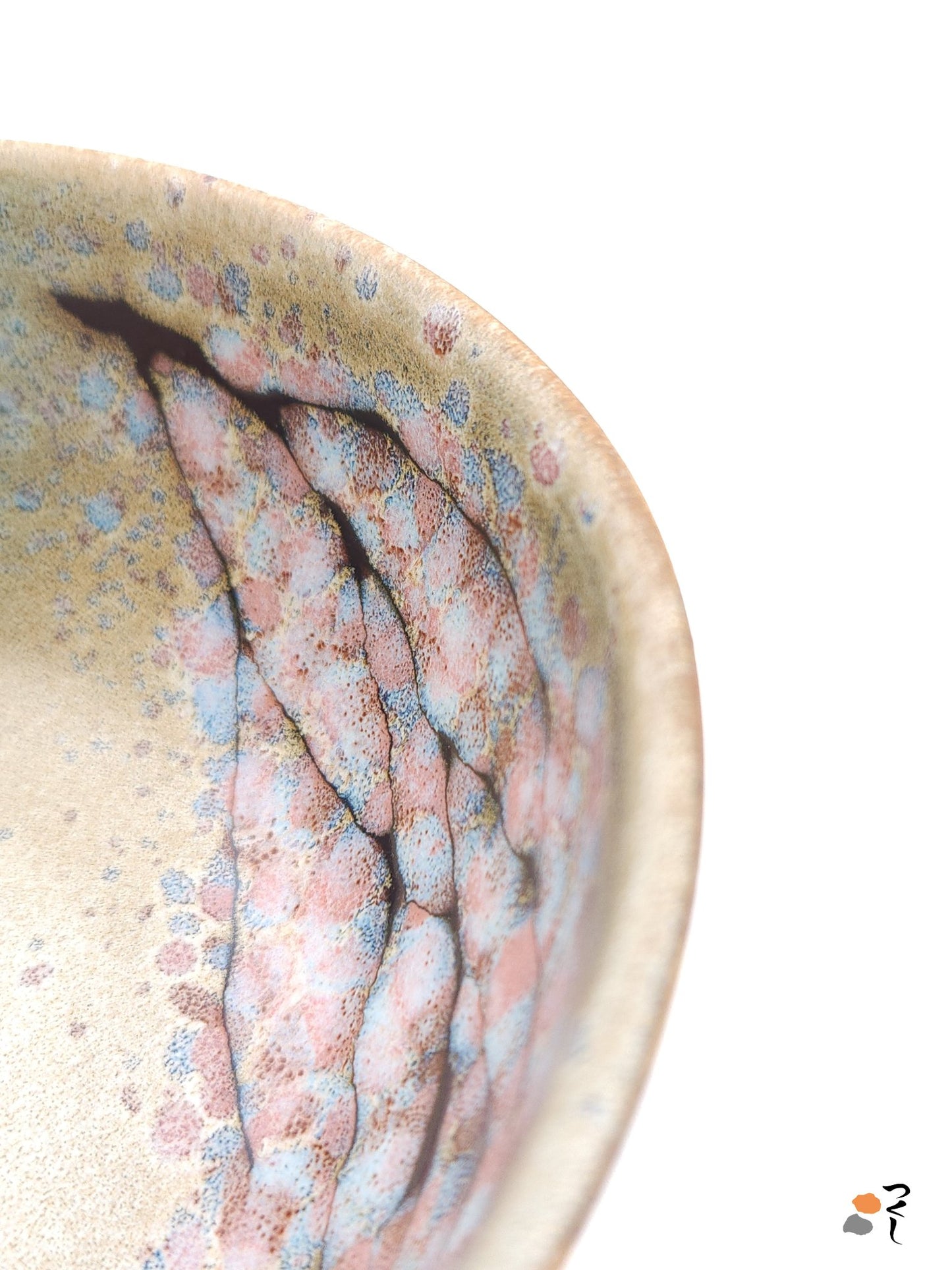 Authentic Japanese pottery salad bowl with cherry blossoms decoration. green and beige color. (top detail view 1).