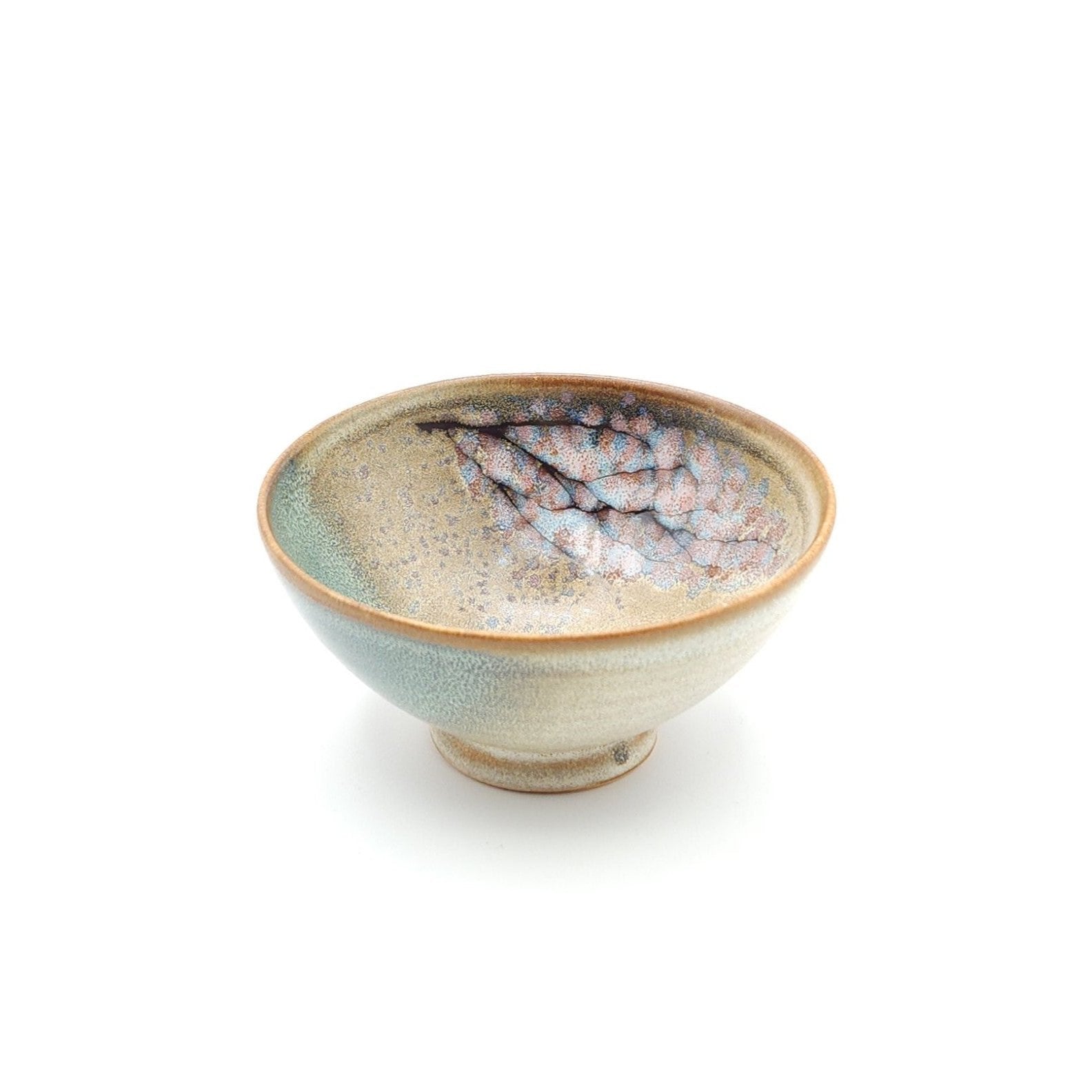 Authentic Japanese pottery bowl with cherry blossoms decoration. Green and beige color. (side view 5).