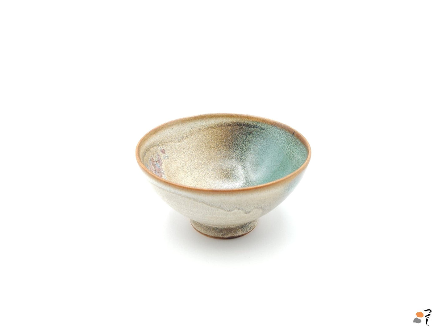 Authentic Japanese pottery bowl with cherry blossoms decoration. Green and beige color. (side view 7)