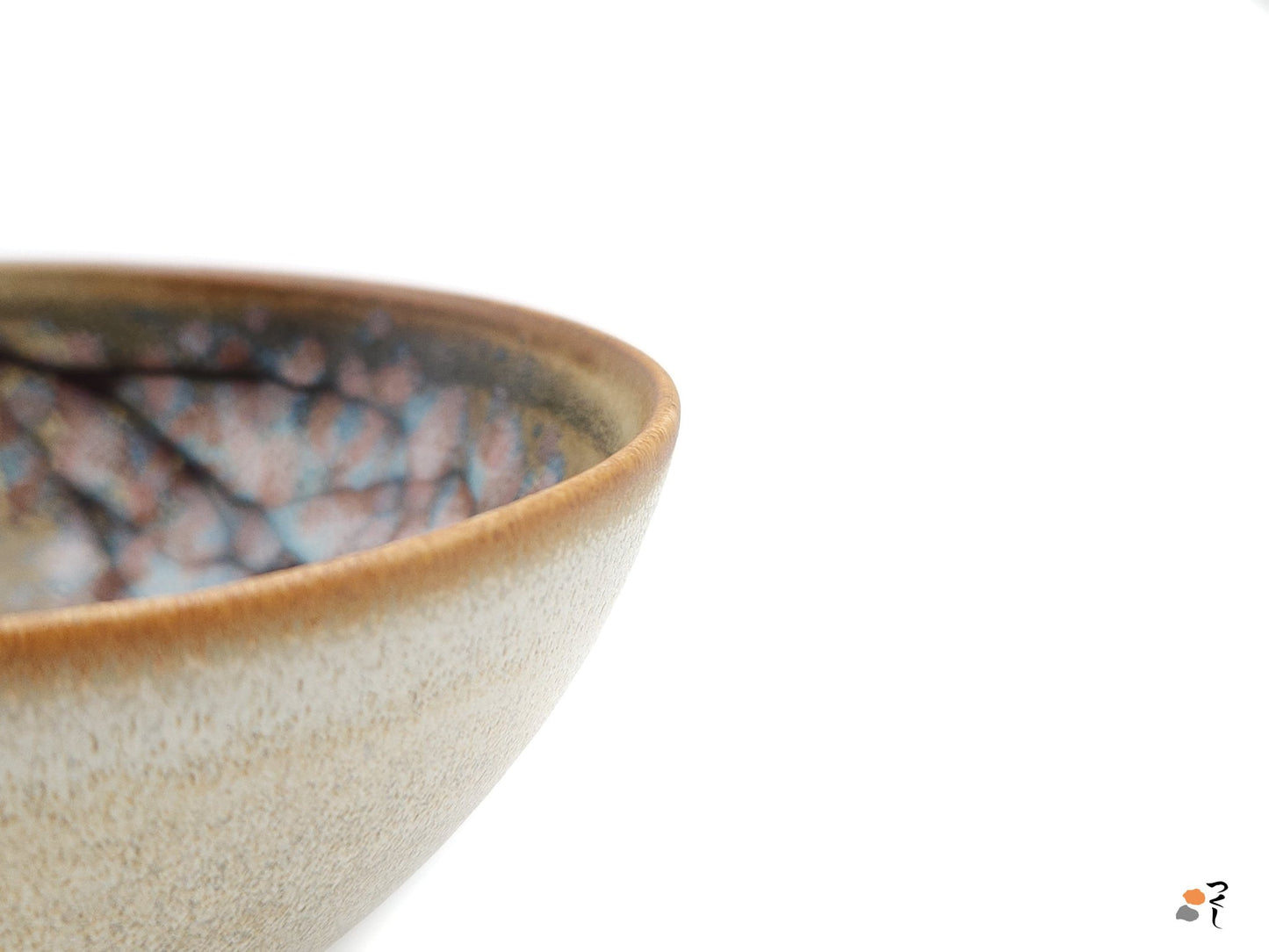 Authentic Japanese pottery bowl with cherry blossoms decoration. Green and beige color. (side detail 1)