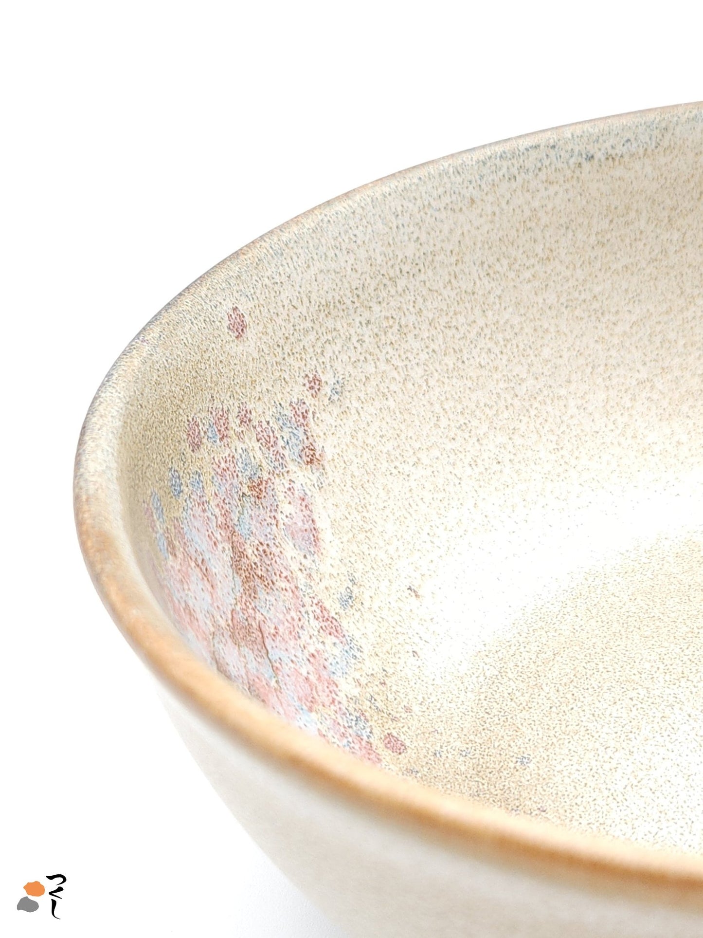 Authentic Japanese pottery salad bowl with cherry blossoms decoration. Pink and beige color. (detail view 1).