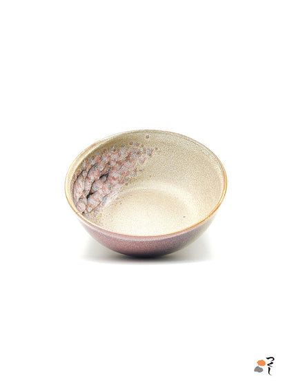 Authentic Japanese pottery salad bowl with cherry blossoms decoration. Pink and beige color. (front view 2)