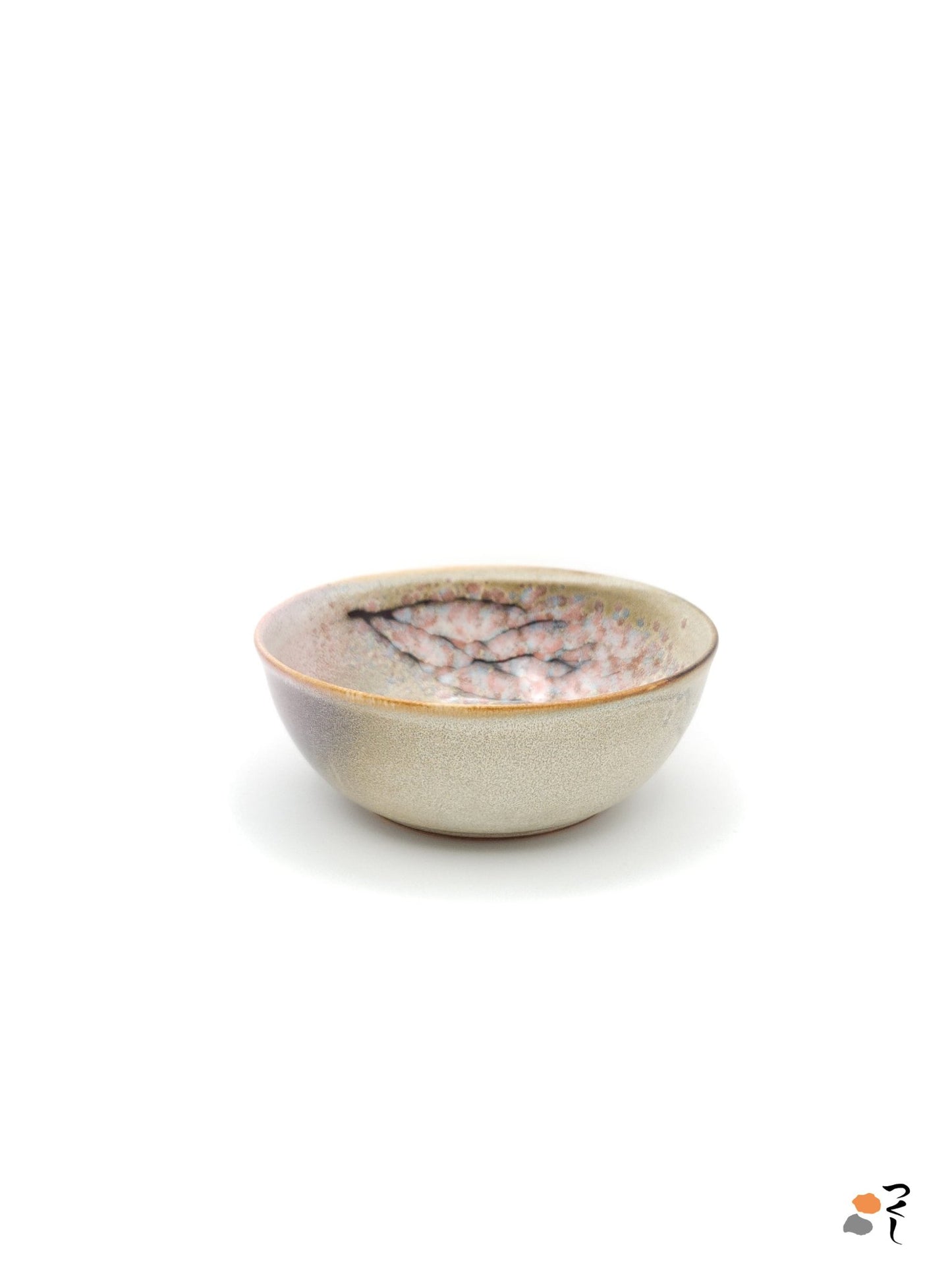 Authentic Japanese pottery salad bowl with cherry blossoms decoration. Pink and beige color. (side view 3).