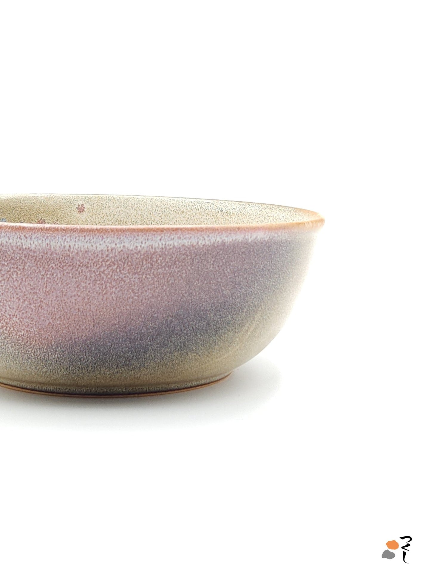 Authentic Japanese pottery salad bowl with cherry blossoms decoration. Pink and beige color. (Side detail view 2).