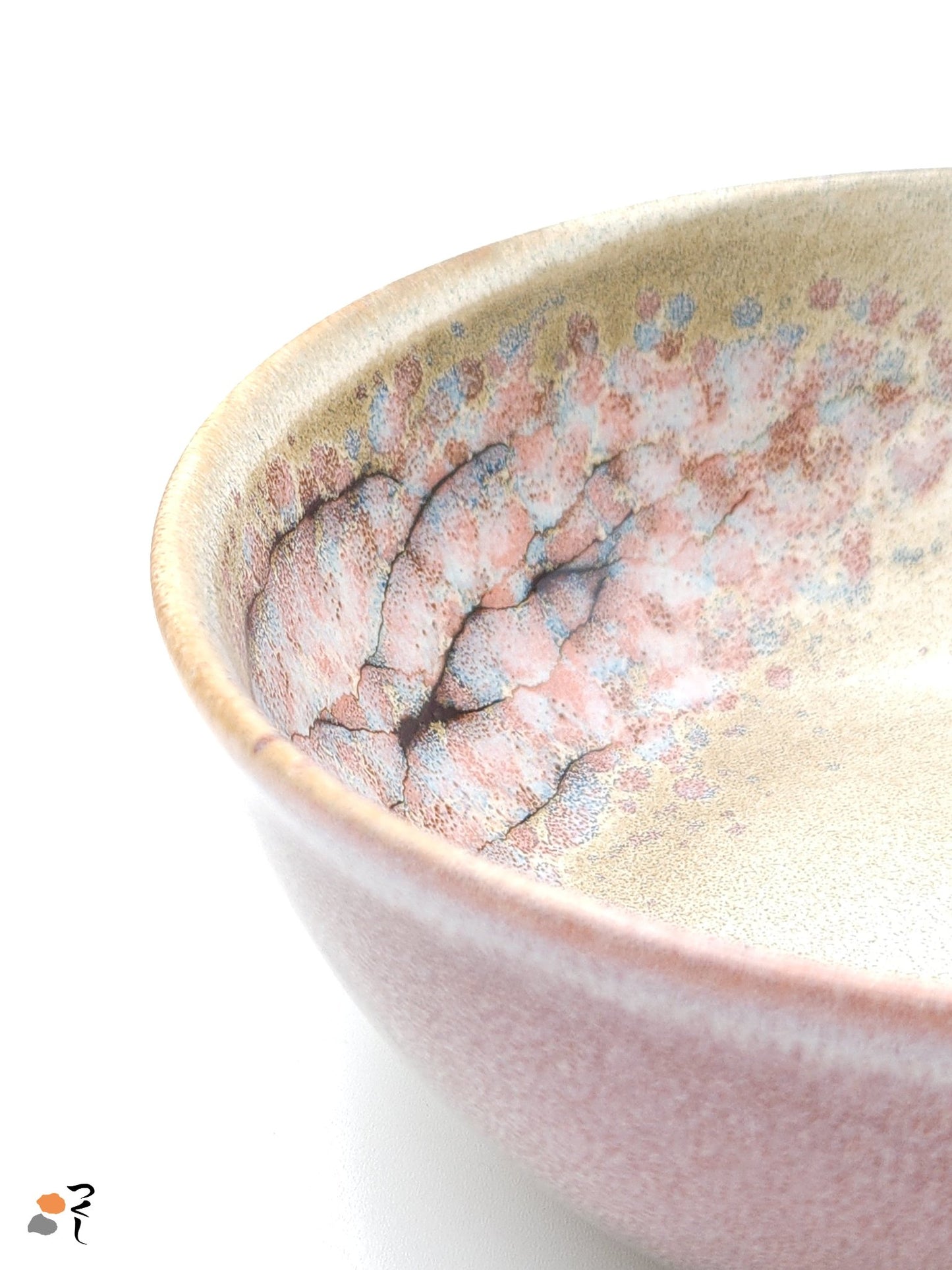 Authentic Japanese pottery salad bowl with cherry blossoms decoration. Pink and beige color. (side detail view 3).