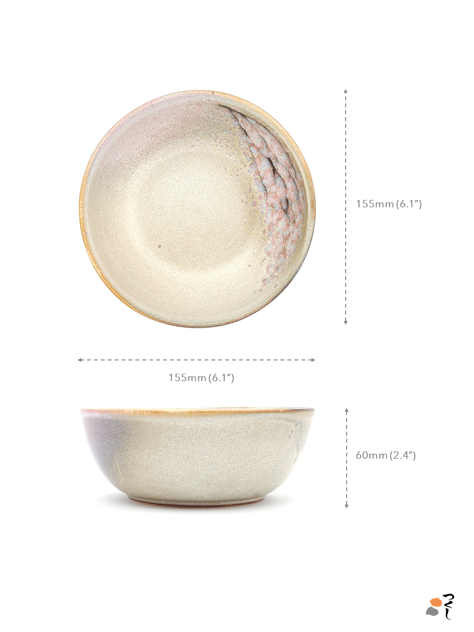 Authentic Japanese pottery pink and beige color salad bowl with cherry blossoms decoration. The image indicates the size of the salad bowl (155mm wide and 60mm high).