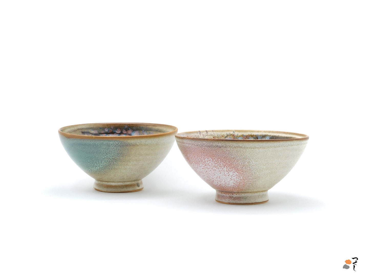 Authentic Japanese pottery bowl with cherry blossoms decoration. Pink and beige color. (pair pink and green view 2).