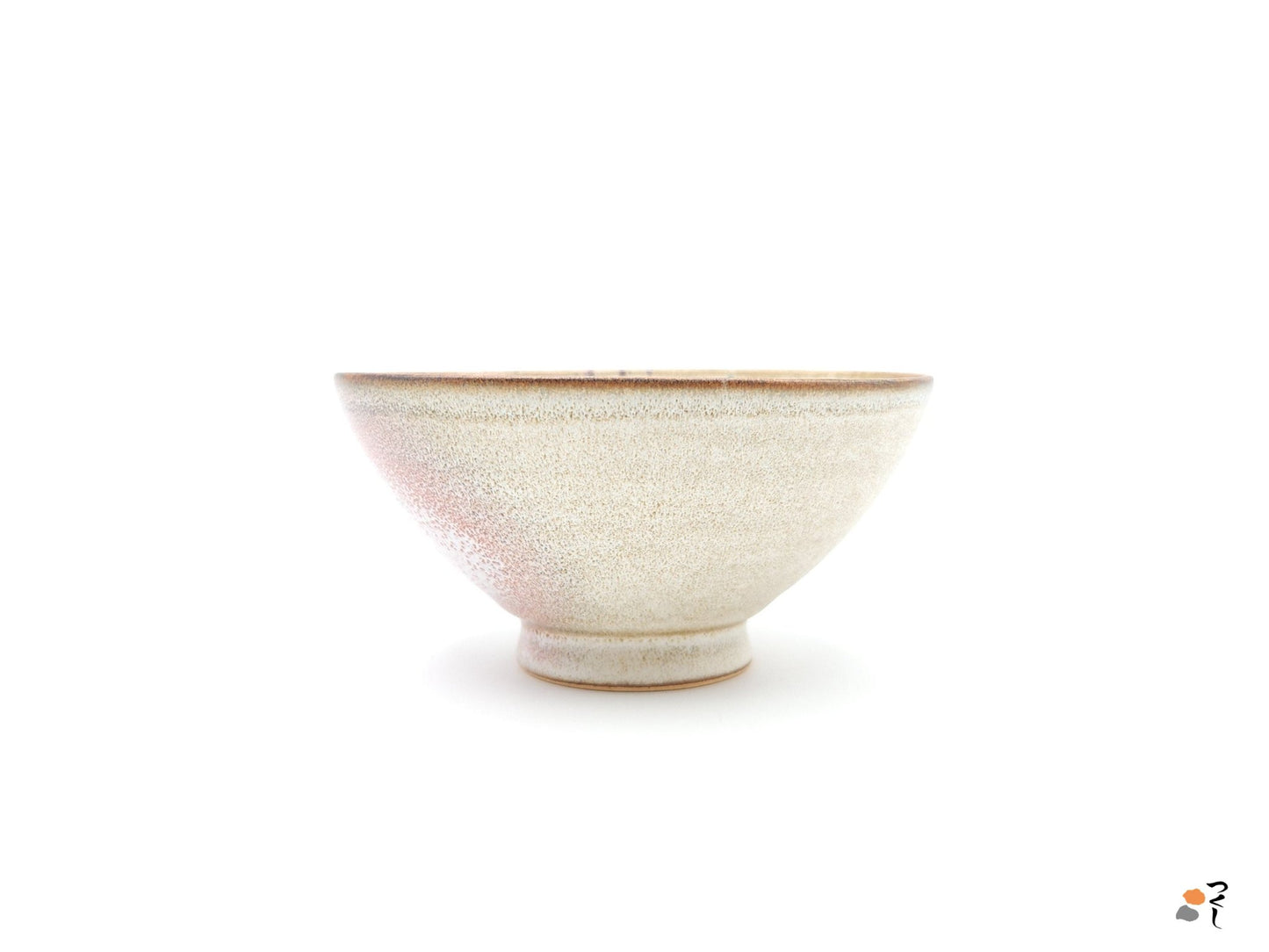 Authentic Japanese pottery bowl with cherry blossoms decoration. Pink and beige color. (side view 3).